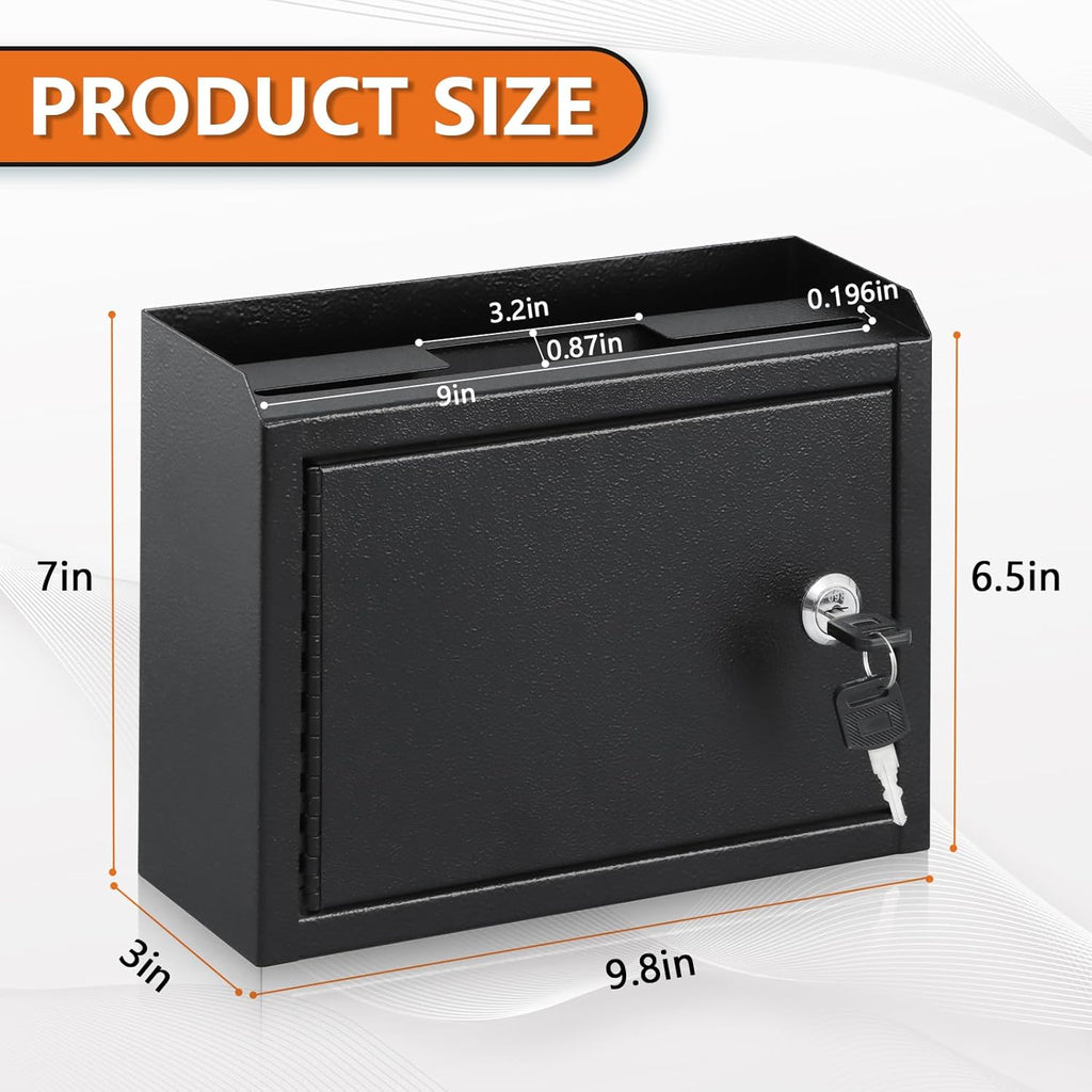 KYODOLED Suggestion Box with Lock and Slot, Small Locking Mailbox for Office, Wall Mount Safe Money/Key Drop Box with 50 Free Suggestion Cards, 9.8" W x 3" D x 7" H, Black