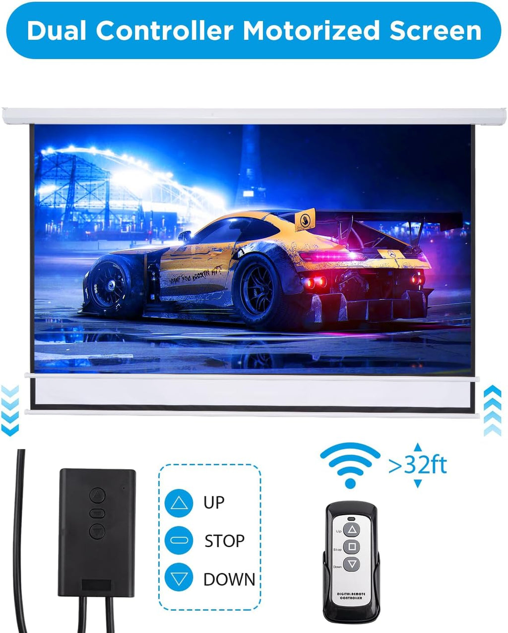 Projector Screen Motorized Pull Down 84 Inch 16:9 Electric Projector Screen with Remote, Automatic Projector Screens Wall Ceiling Mount Small White Movie Screens for Projectors Outdoor Indoor