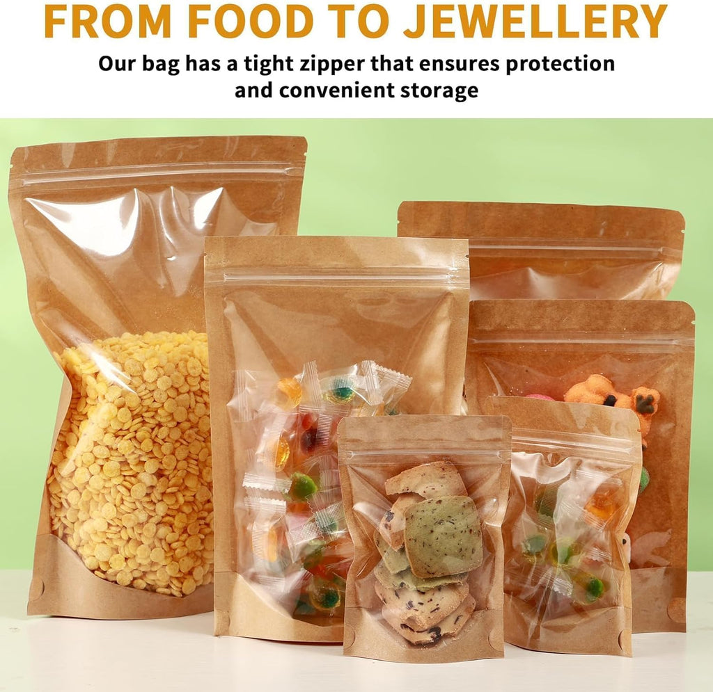 150-Pack Kraft Paper Bags with Clear Window 6" x 9" Reclosable Small Stand Up Mylar Bags for Food Storage Resealable Smell Proof Pouch, Edible Packaging, Reusable bags for Small Business