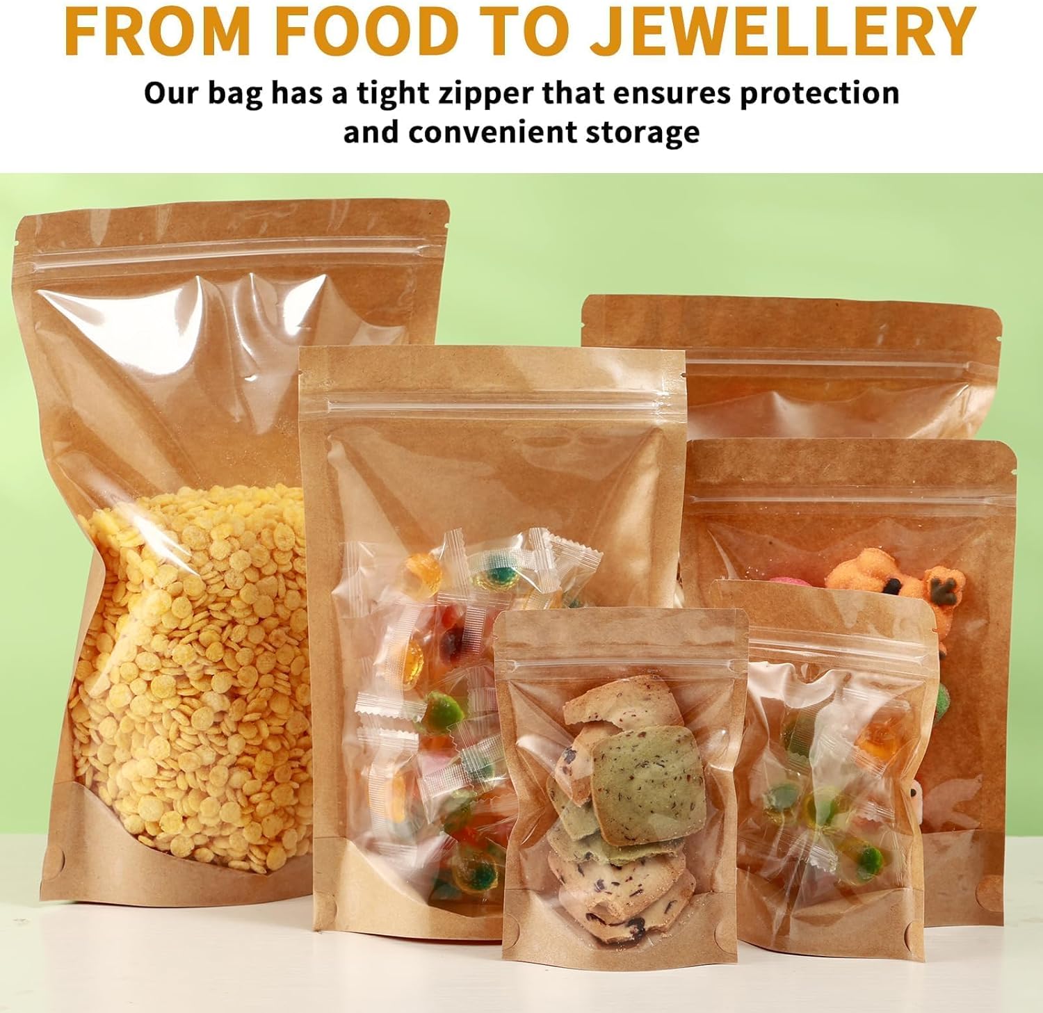 150-Pack Kraft Paper Bags with Clear Window 6" x 9" Reclosable Small Stand Up Mylar Bags for Food Storage Resealable Smell Proof Pouch, Edible Packaging, Reusable bags for Small Business