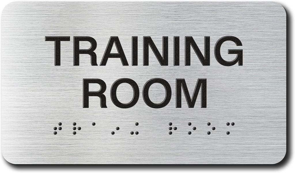 TRAINING ROOM Signs with Raised Text & Grade 2 Braille, Brushed Aluminum/Silver Finish Easy Install with Double-Sided Tape, ADA Compliant Custodian Door Sign for Businesses & Offices