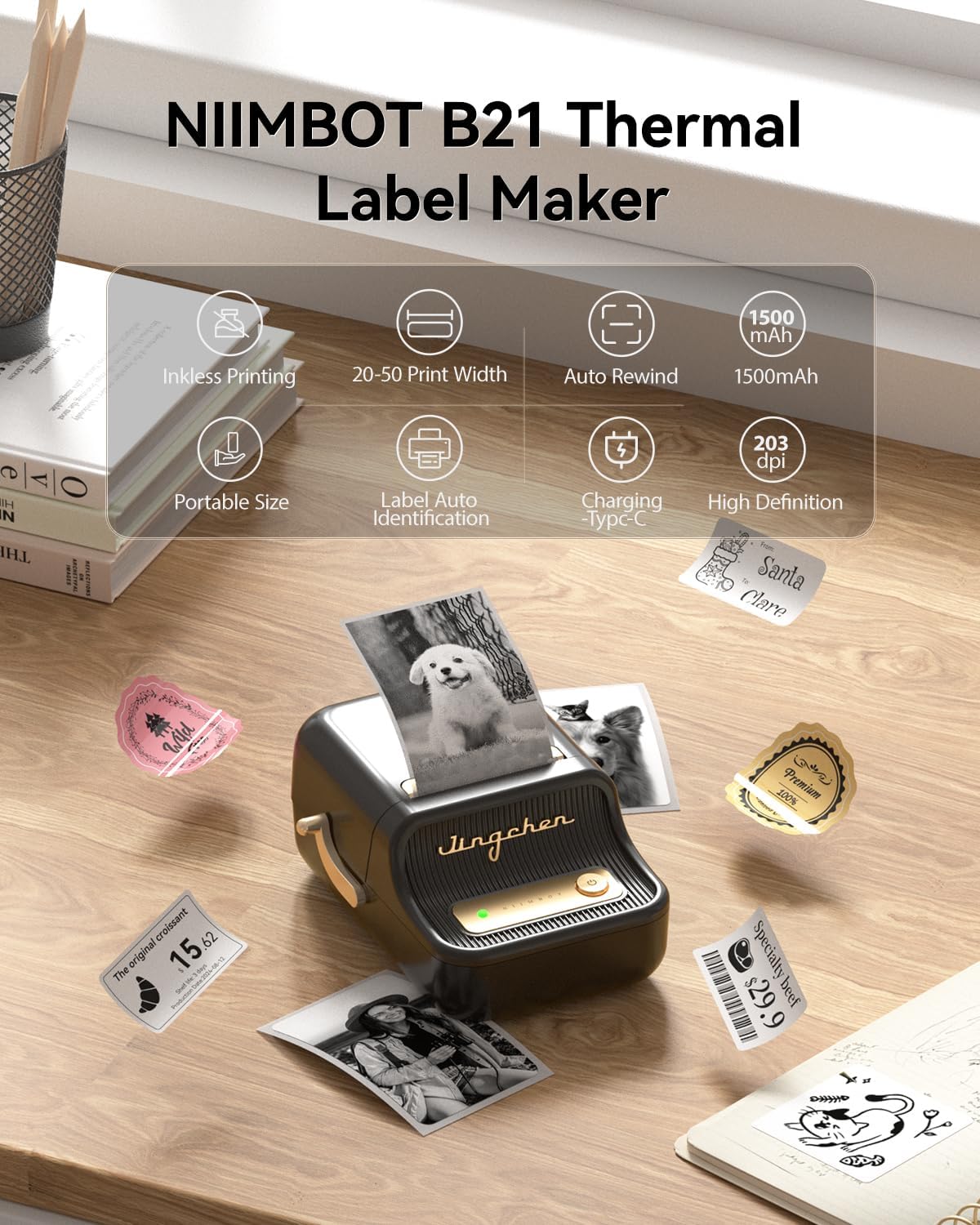 NIIMBOT B21 Label Maker, 2 Inch Portable Thermal Label Printer, Label Maker Machine with Tape, Compatible with Android, iOS & PC,Labeling for Home Storage Office and Small Business,Black
