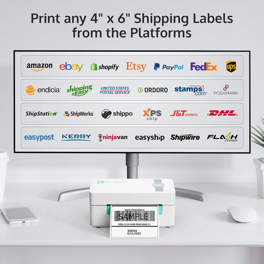 OFFNOVA Shipping Label Printer, Bluetooth Thermal Label Printer 4x6 for Small Business and Shipping Packages, Supports Windows Mac iOS Android, Works with USPS Ebay Shopify Etsy