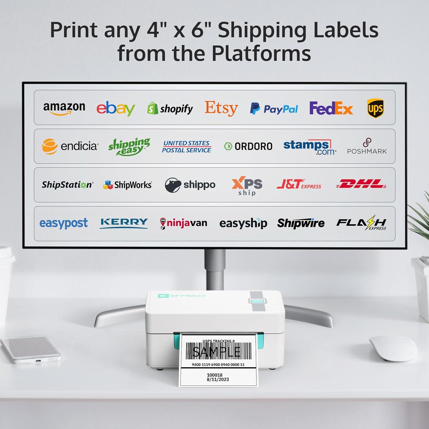 OFFNOVA Shipping Label Printer, Bluetooth Thermal Label Printer 4x6 for Small Business and Shipping Packages, Supports Windows Mac iOS Android, Works with USPS Ebay Shopify Etsy