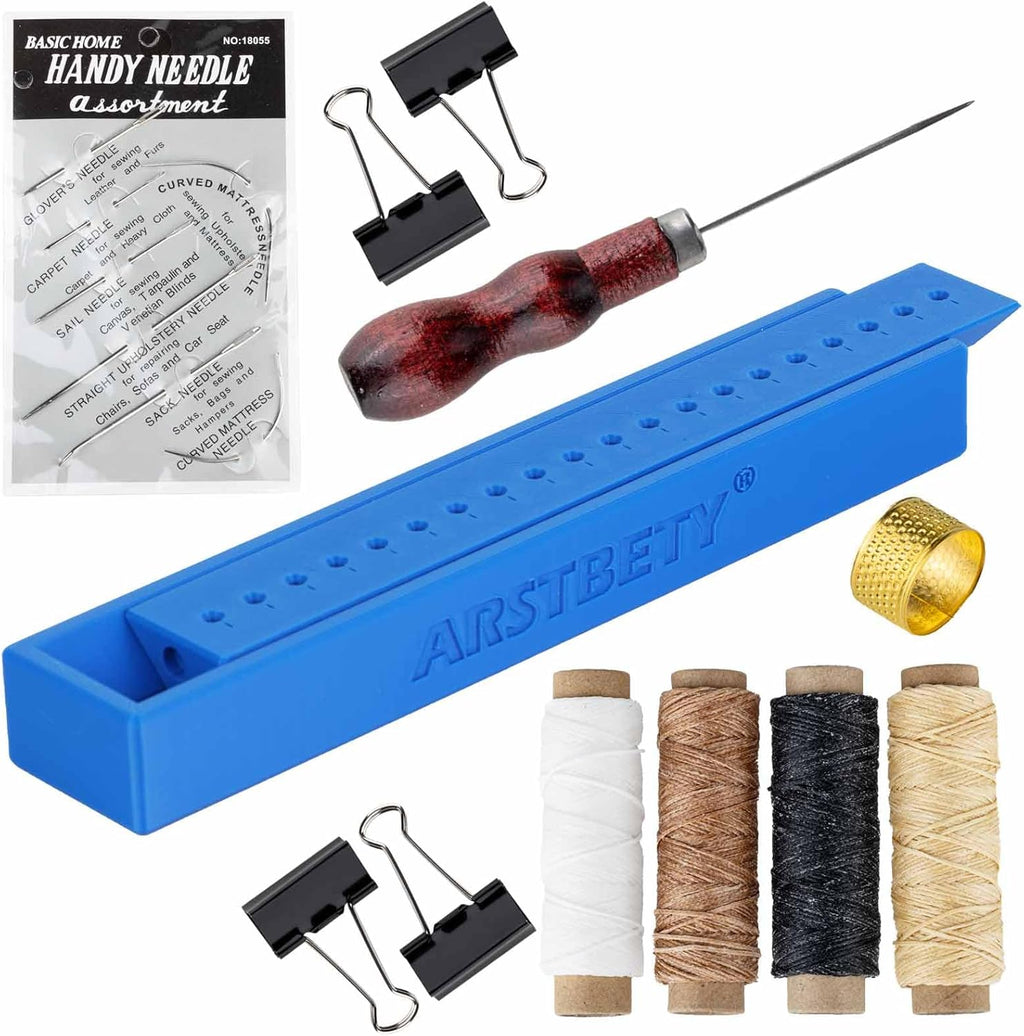 ARSTBETY Complete Bookbinding Kits for Beginners, Book Binding Starter Tool Supplies with Signature Punch Guide, Awl, 100ft Wax Thread, 7 Needles and Clips Thimble Ring
