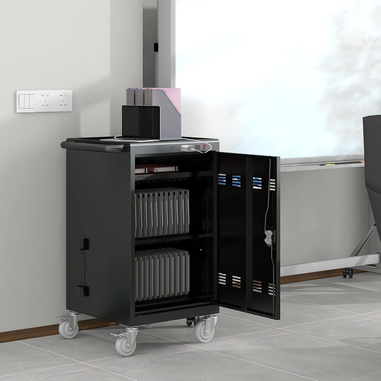 36 Device Charging Cart, Laptop and Tablet Storage Cart, Holds Up to 16.3" with Cord Management, Front and Rear Door Locks, Classroom or Office Charging Cabinet.Black with 4 Position Power Strip