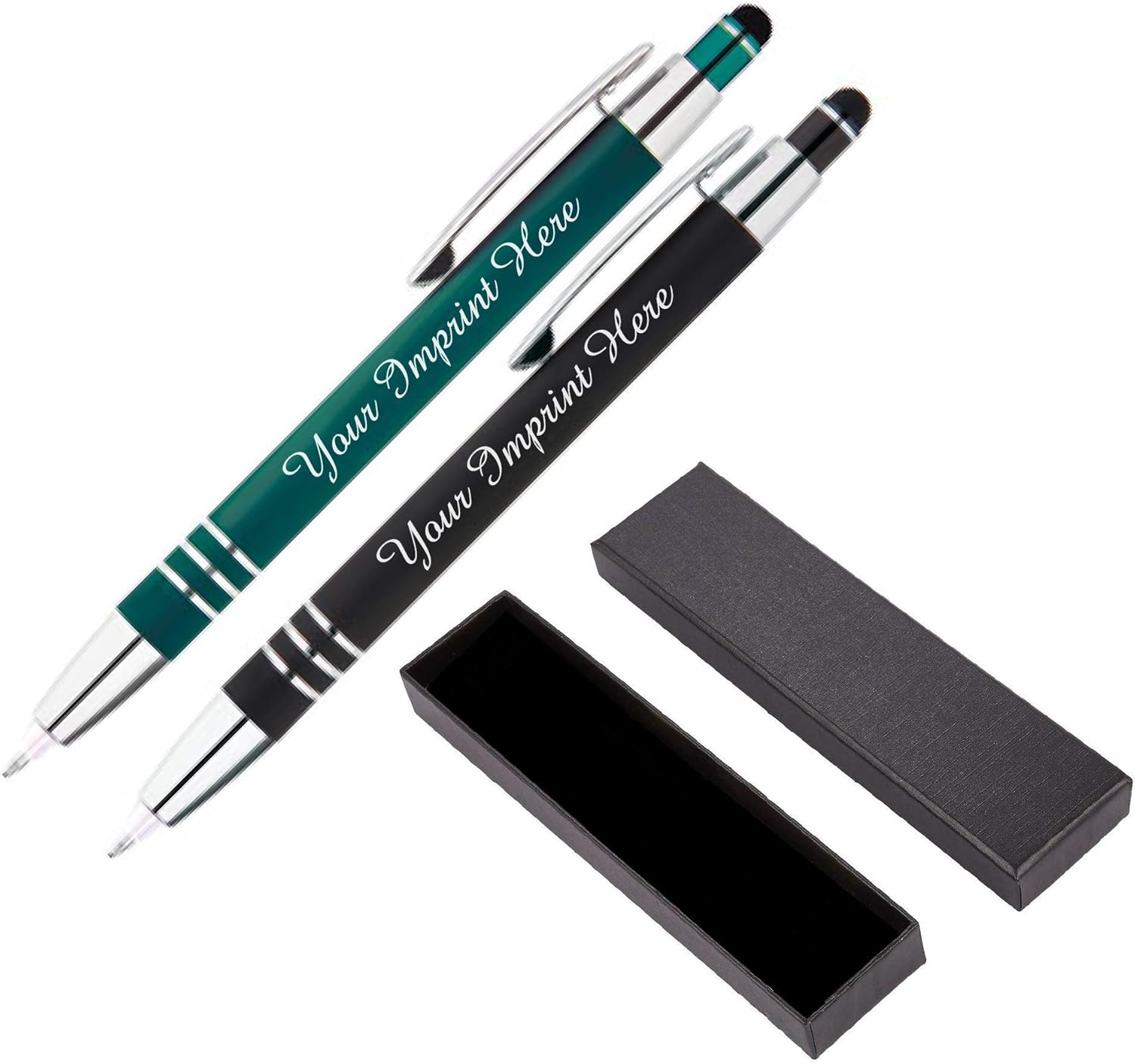 ExpressDesigns™ - Personalized Pens Gift Set - 2 Pack of | LED Flashlight Soft Touch Metal Pens w/gift box | Luxury Ballpoint Pen Custom Engraved with Name or Message | Light Up Pens (Black - Green)