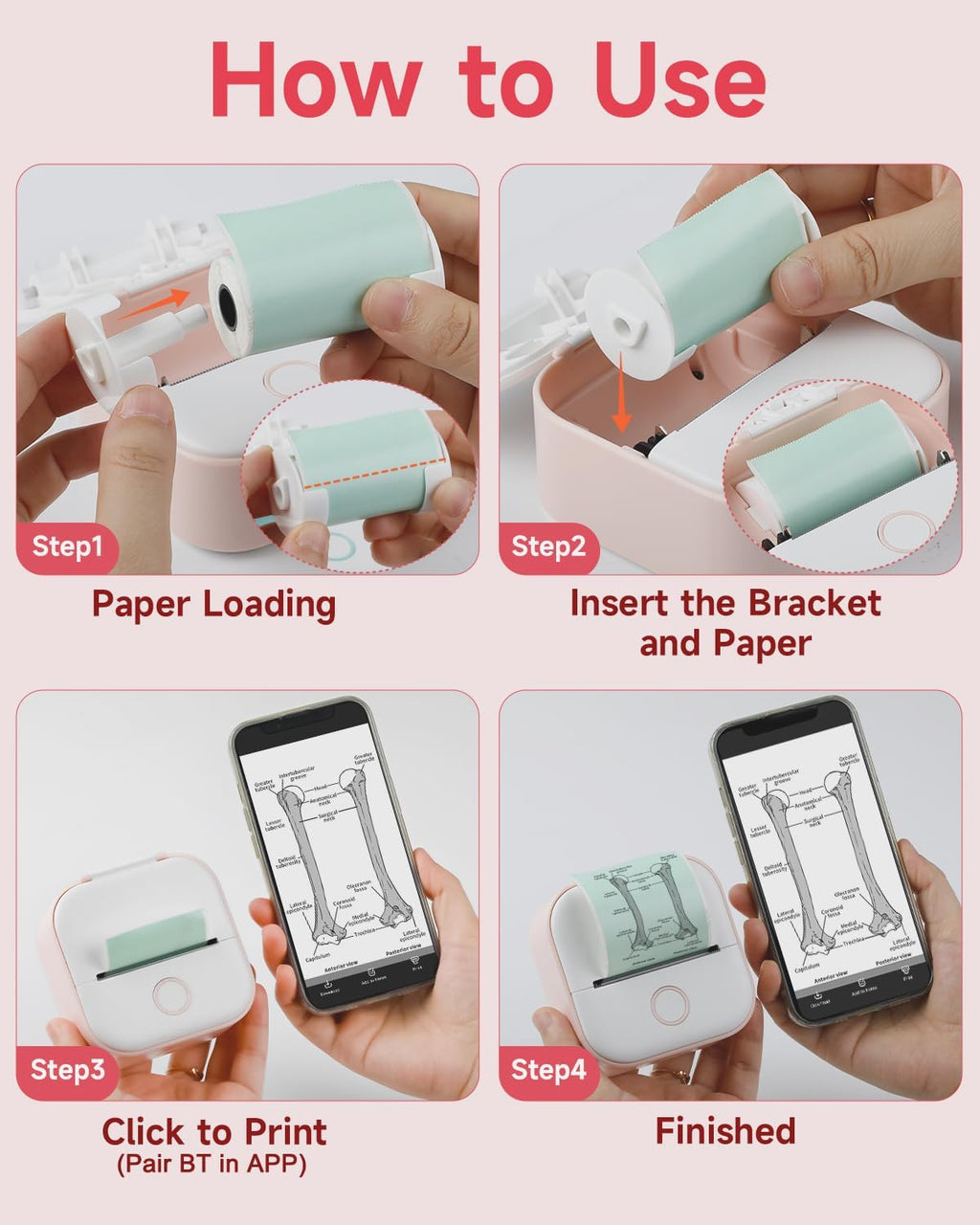 Memoking Mini Sticker Printer - T02 Mini Thermal Printer Wireless Inkless Label Maker Portable Sticker Maker for Student Birthday Gift, Compatible with iOS & Android, Pink