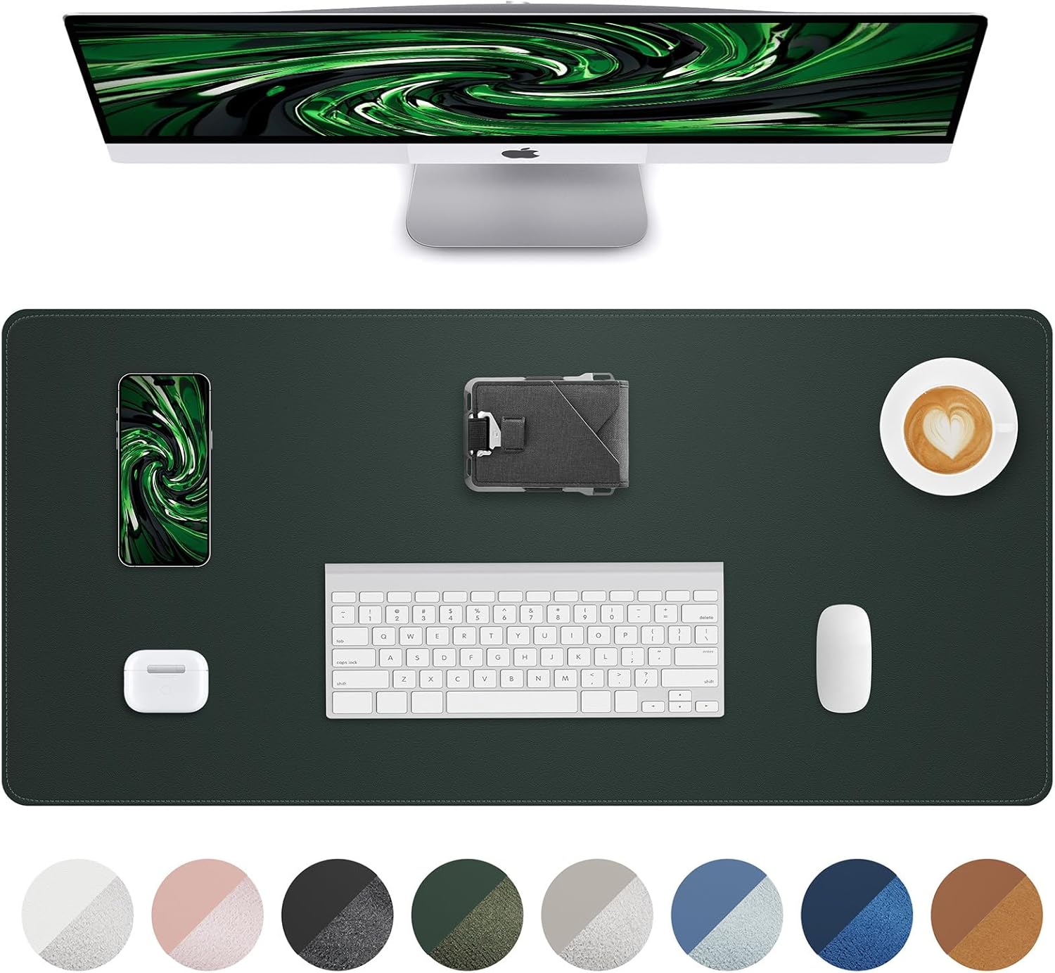 Leather Desk Pad Protector, Large Mouse Pad and Non-Slip Mat, Waterproof PU Leather Blotter Mat for Office and Home (Dark Green, 36" x 17")