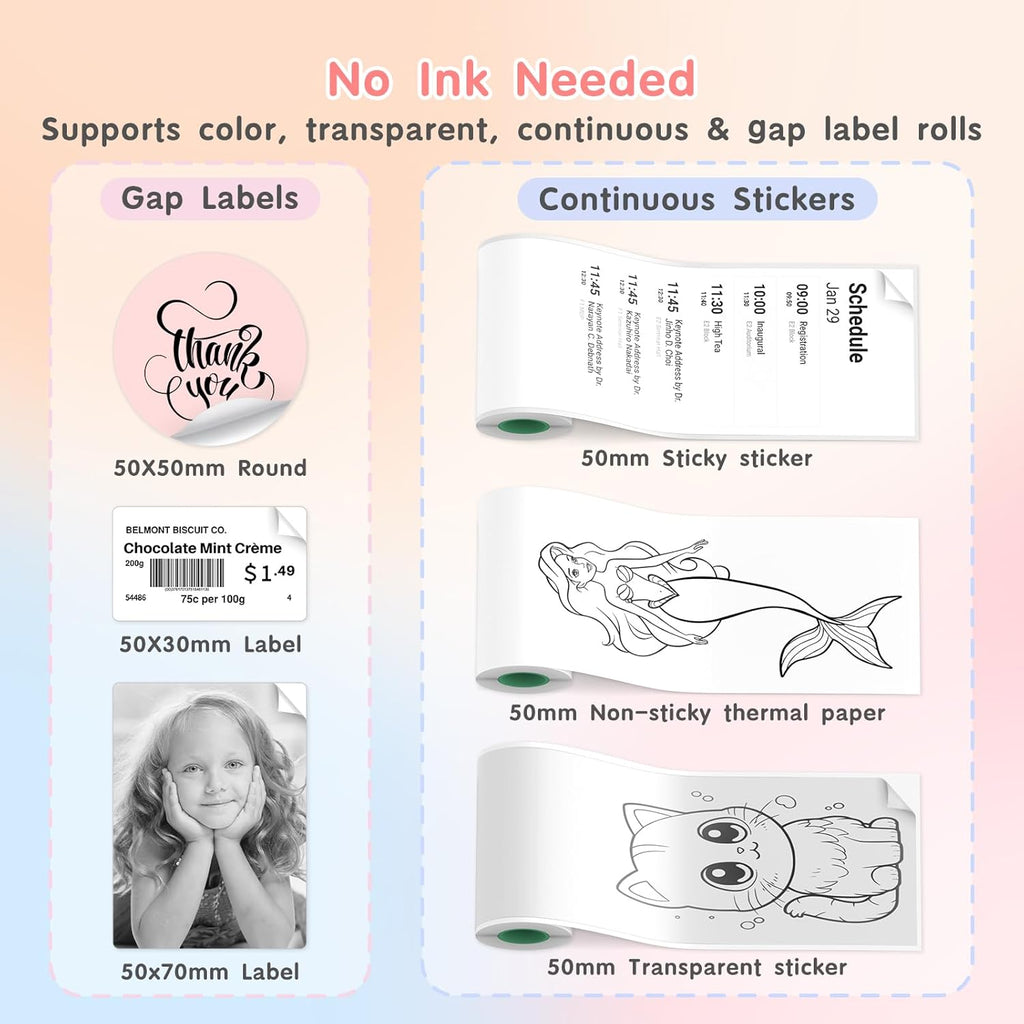 JD-23 Sticker Printer, Mini Portable Thermal Printer Print Pod, Inkless Bluetooth Label Maker Machine for DIY Crafts, Journaling, Office & Home Use, 2 Rolls Sticker Paper, Pink