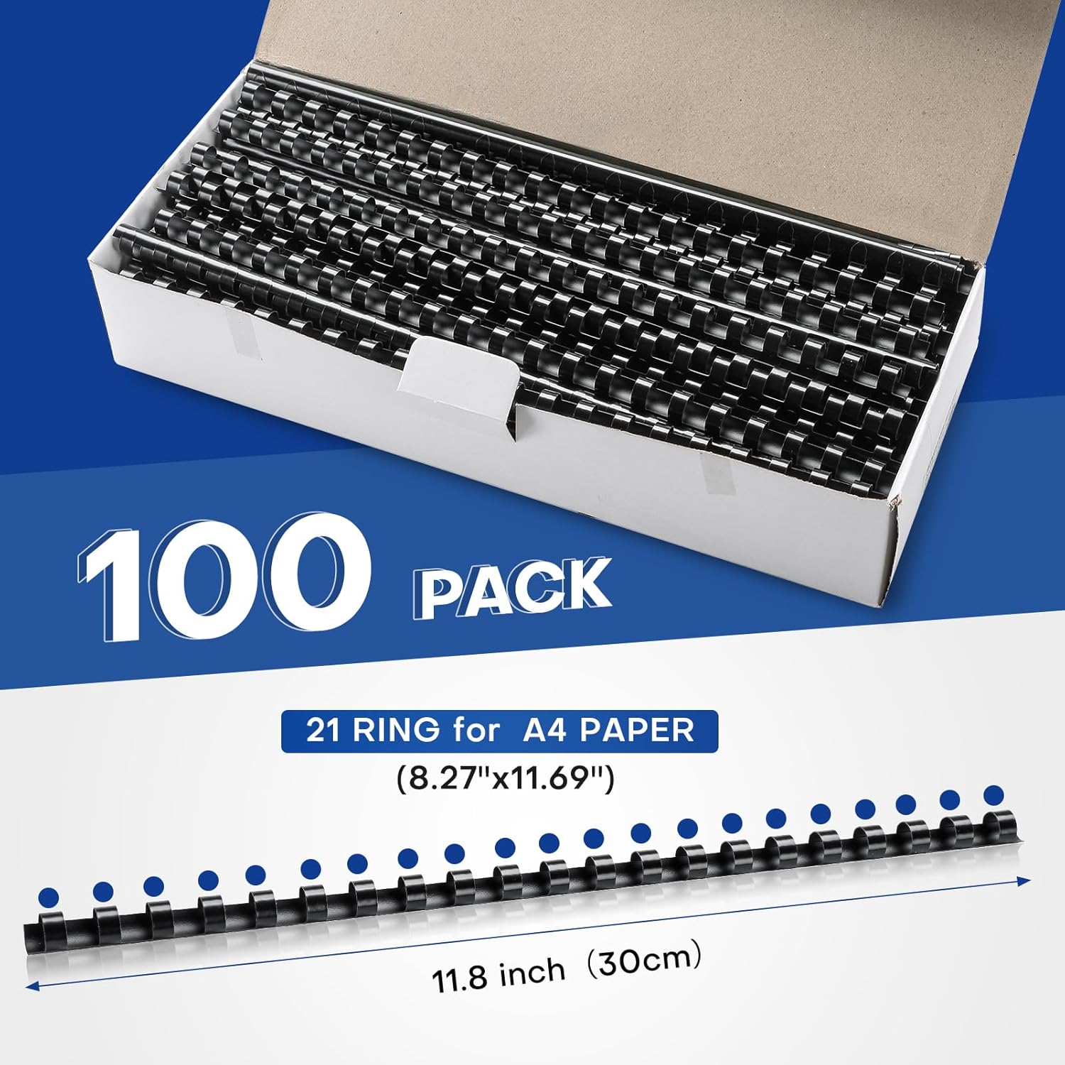 MYFULLY 100 Pack 21 Ring Plastic Comb Binding Spines | 1/4 Inch Diameter, 20 Sheet Capacity, A4, Black Binding Comb (1/4" (20 Sheet Capacity))
