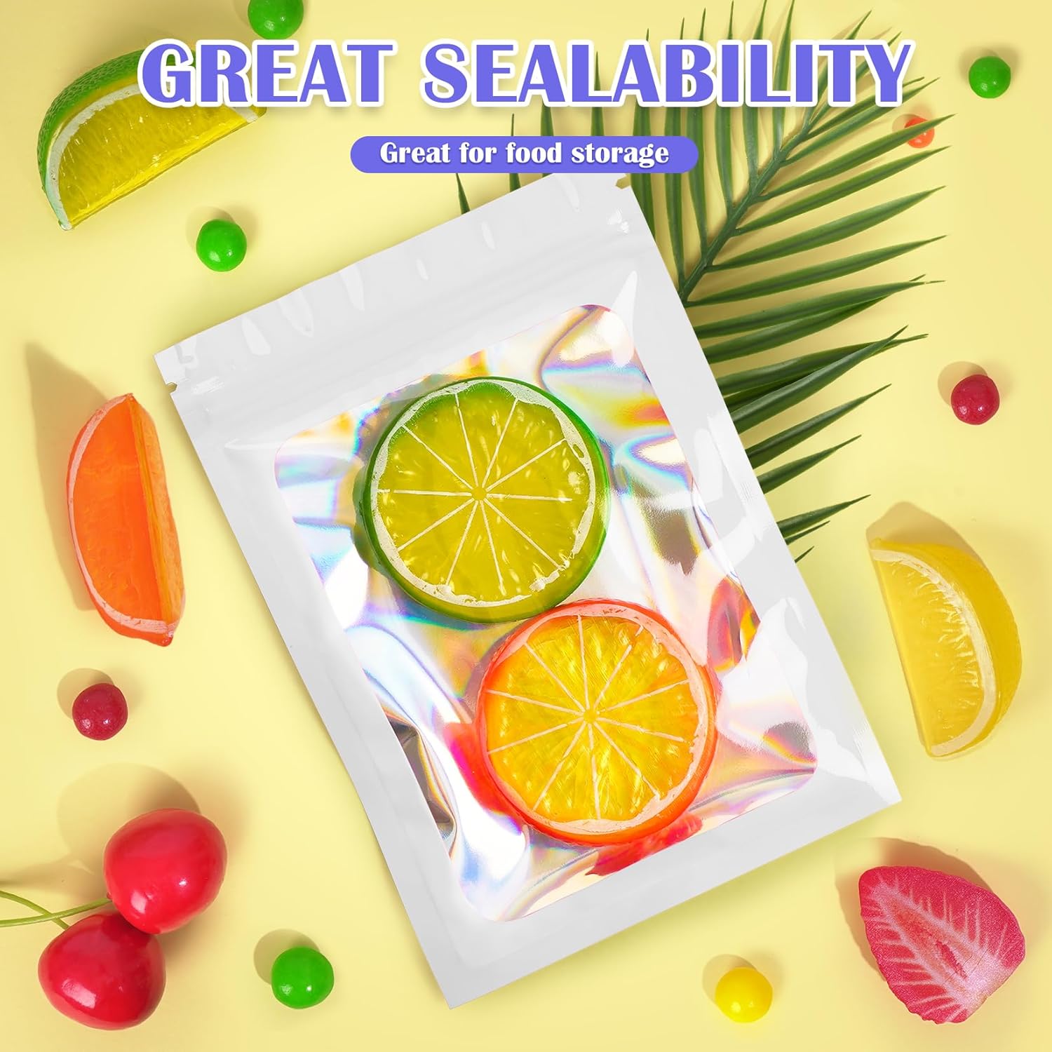 Mylar Bags, 100 PCS Holographic Bags, White Smell Proof Bag with Front Window, Small Business Packaging Supplies, Resealable Bag for Food Storage, Bracelets, Jewelry, Sample （3x5in）