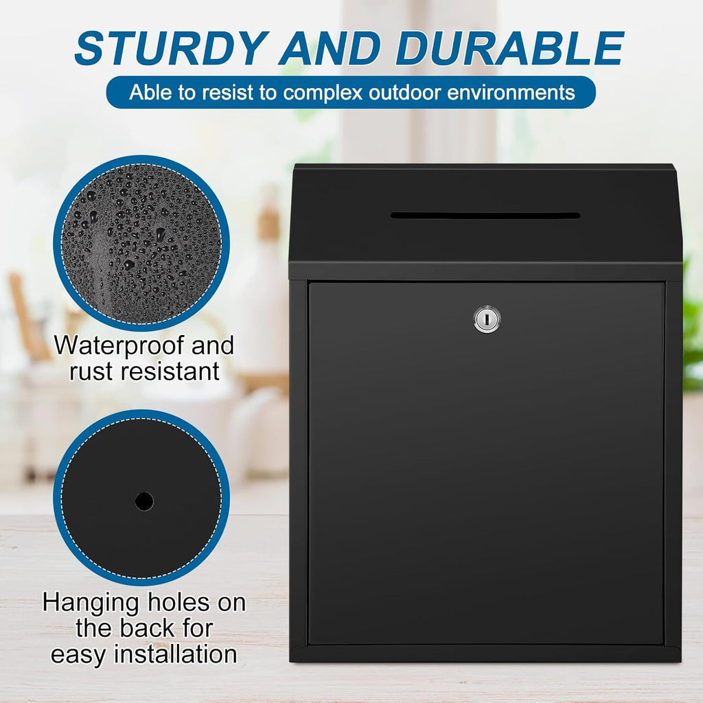 Metal Donation Cash Box Collection Safe Suggestion Box with Lock Wall Mounted Mailbox Delivery Ballot Container for Home Office Outdoor Door(Black,15 x 12 x 4 Inch)