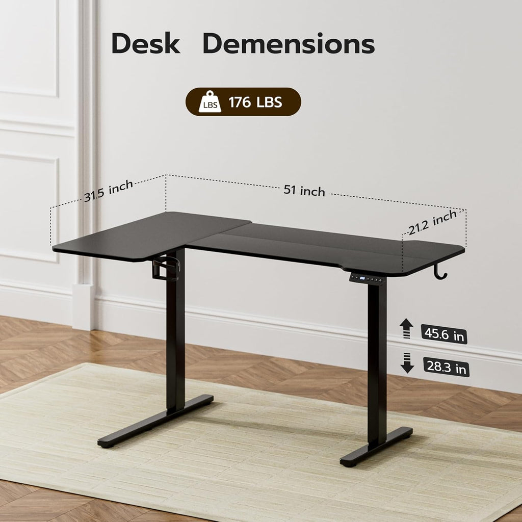 51" Reversiable L-Shaped Electric Standing Desk Adjustable Height Gaming Stand Up Corner Desk Sit Stand Home Office Computer Desk with Splice Board,Black Carbon Top