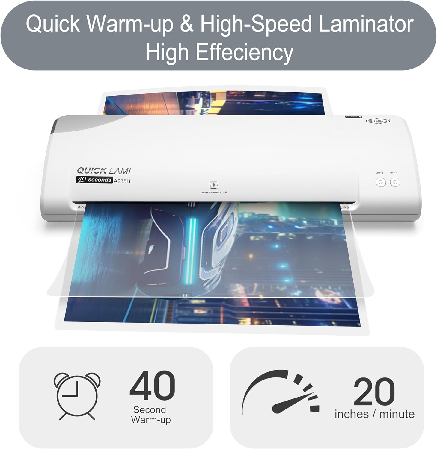 SINCHI 13-Inch Thermal Laminator Machine, 3–5 Mil, 40s Warm-Up, 20"/Min, Jam Release, Auto Shutoff, All-in-One Kit with 10 Pouches, Trimmer & Rounder, Cleaning Paper, Ideal for Home, Office, School