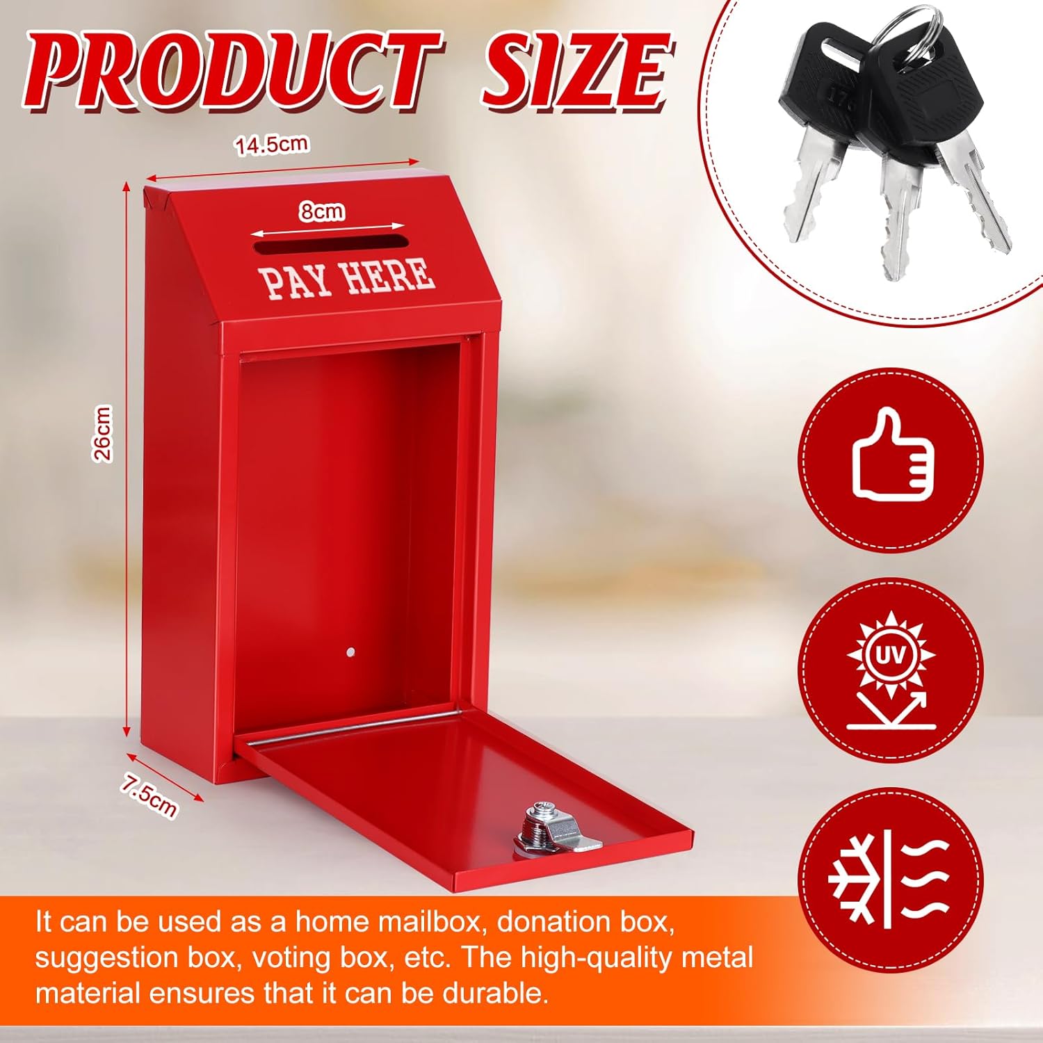 Metal Donation Box Collection Safe Suggestion Box with Lock Wall Mounted Mailbox Delivery Ballot Case Key Drop Case for Home Office Outdoor Door (Red, 10.24 x 5.71 x 2.95 Inch)