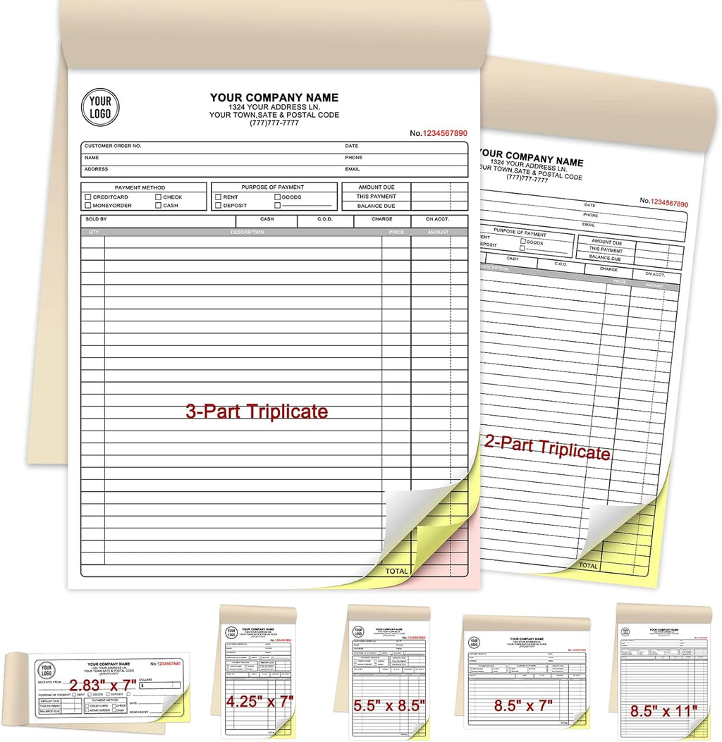 Custom Invoices Receipt Book for Small Business Personalized 3-Part Duplicate Carbonless Logo Receipt Books Sales Payment Forms with Company Name Address Phone Number 100 Sets 8.5" x 11"