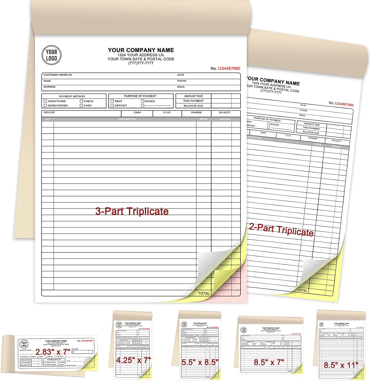 Custom Invoices Receipt Book for Small Business Personalized 3-Part Duplicate Carbonless Logo Receipt Books Sales Payment Forms with Company Name Address Phone Number 100 Sets 8.5" x 11"