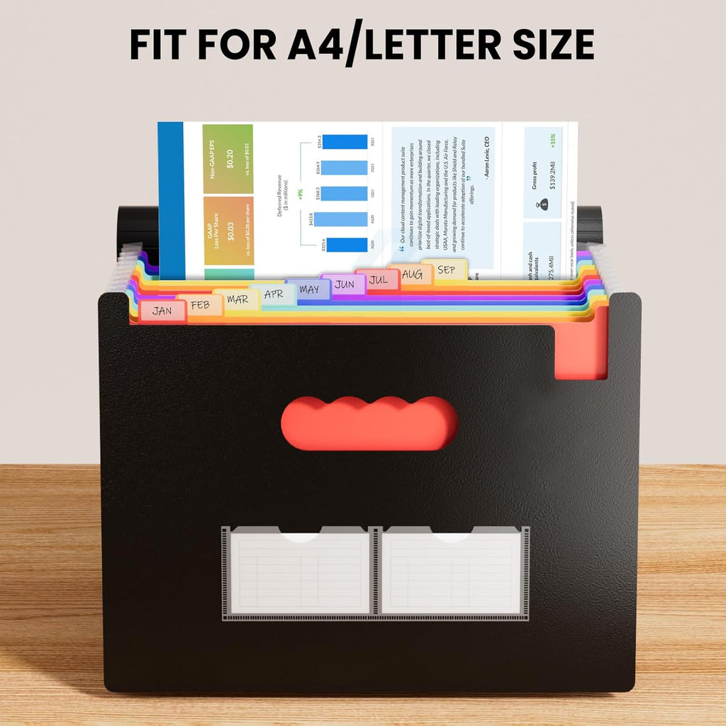 Sooez Accordion File Organizer, 13 Pockets Expanding File Folder, Portable Monthly Paper Bill Tax Receipt Organizer, Letter A4 Size Document Holder with Blank Labels