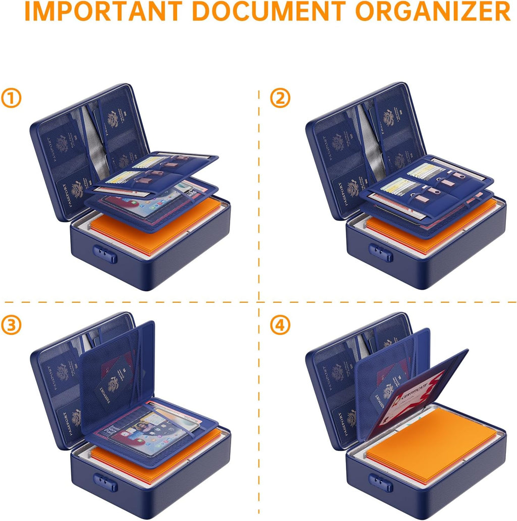 DocSafe 5200°F Document Organizer with Lock,Upgraded Heat Insulated Fireproof＆Waterproof Box 8 Layers File Organizer,Portable Home Travel Safe Storage for Important Documents, Files,Blue (Soft)