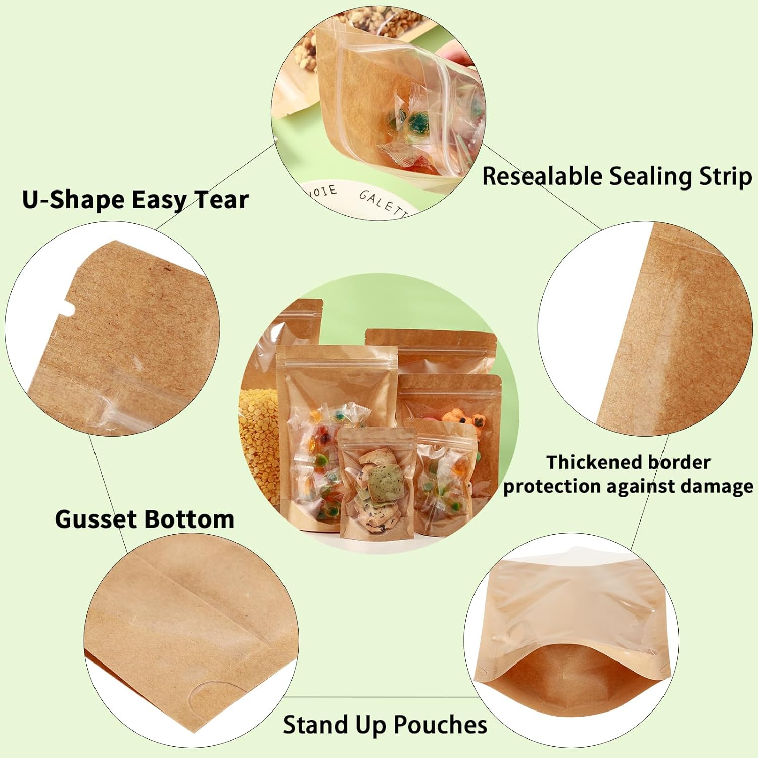150-Pack Kraft Paper Bags with Clear Window 5" x 8" Reclosable Small Stand Up Mylar Bags for Food Storage Resealable Smell Proof Pouch, Edible Packaging, Reusable bags for Small Business