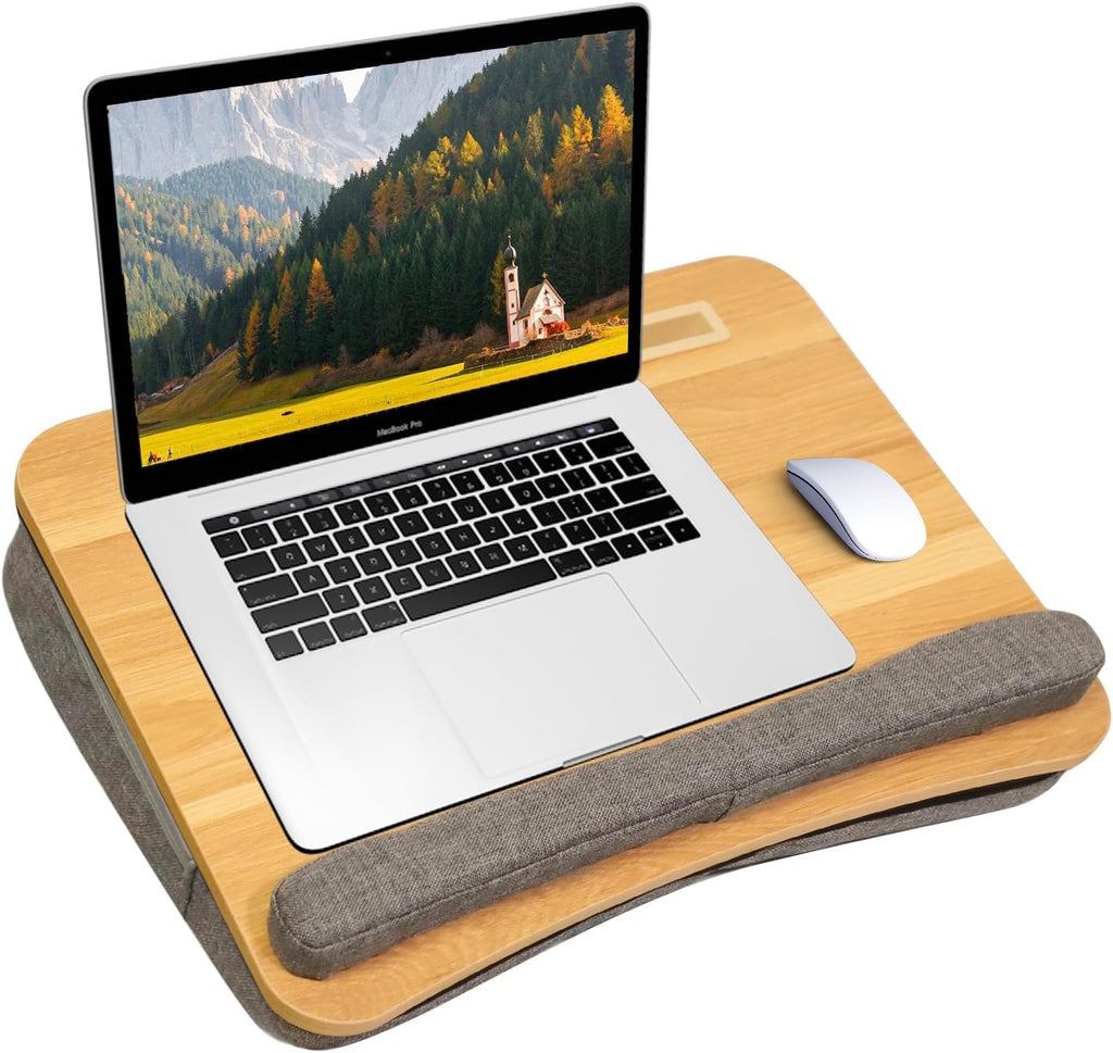 Portable Lap Desk for Laptop with Cushion, Storage Bag Fits Up to 15.6 Inch Laptop, Adults with Ipad/Phone & Pillow Holder for Home Office Bed Couch- Light Wood Color