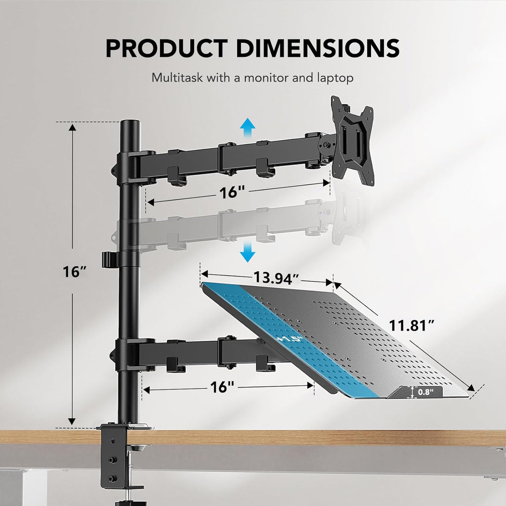 HUANUO Adjustable Monitor Stand, Single Arm Desk Mount for 32 inch Screen and 17 inch Laptop, Heavy Duty Ergonomic Bracket Holds 22lbs