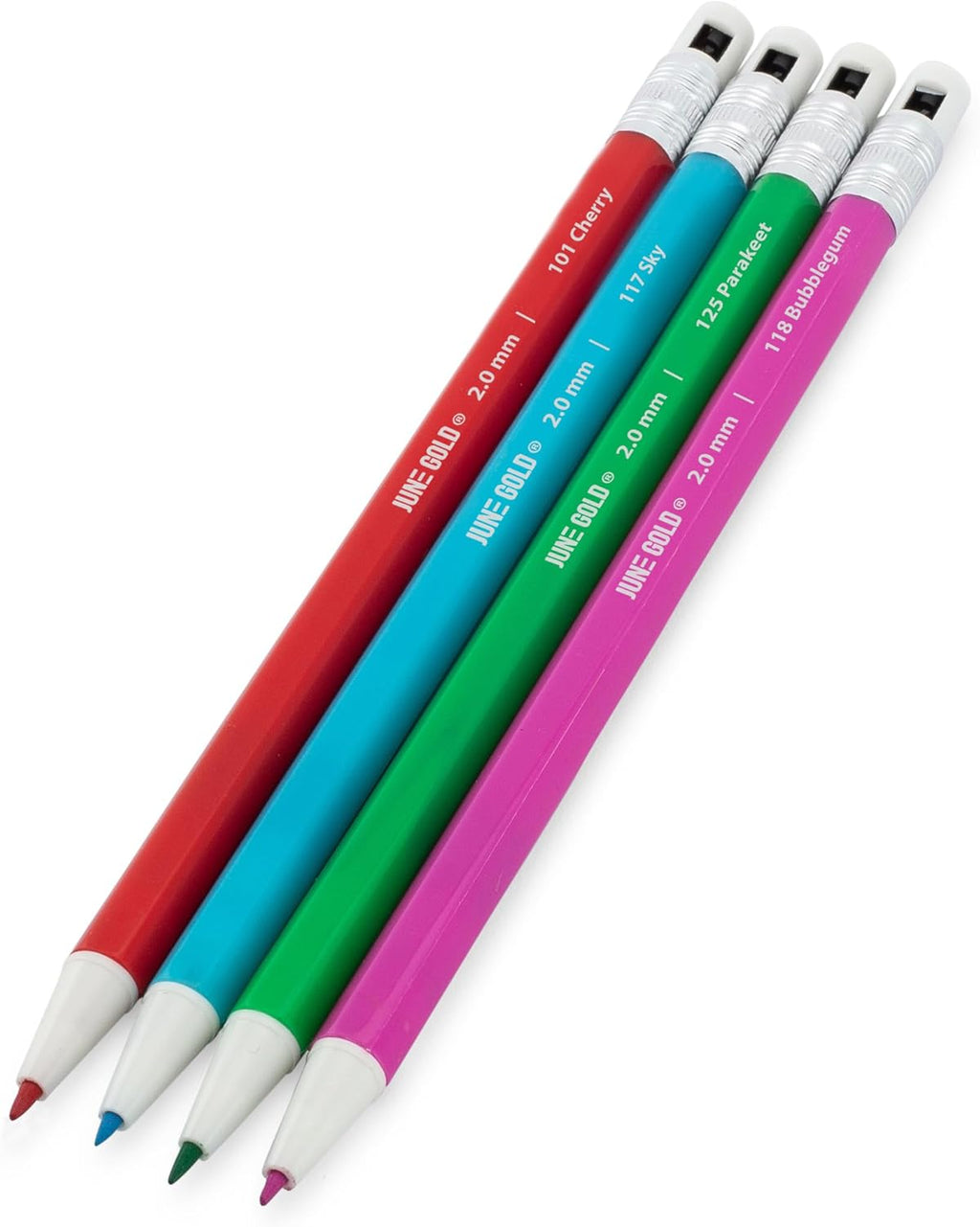 June Gold 36 Assorted Colored 2.0 mm Mechanical Pencils with 36 Unique Color Leads, Color Name is Printed on Each Pencil Barrel, Built in Rear Sharpener