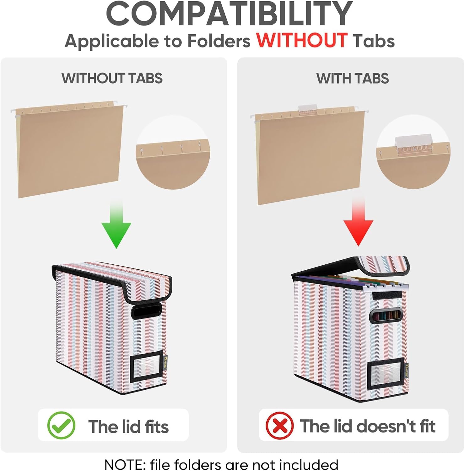 BALEINE File Organizer Box with Lid, Collapsible File Folder Organizer with Plastic Slide, Hanging File Folder Box for Office Document Storage (2 Pack, Color Stripe, S)