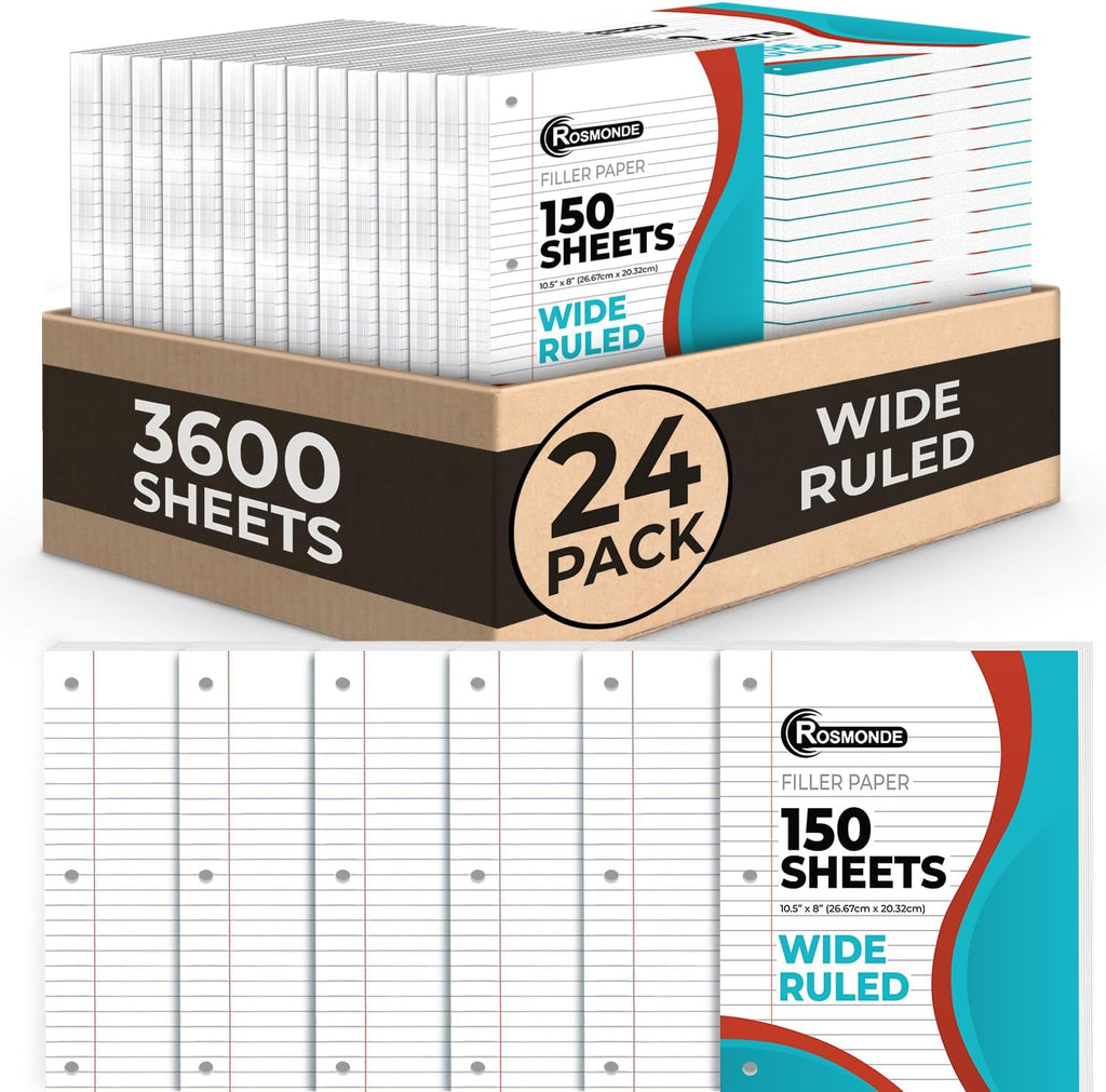 Bulk 3600 Sheets Loose Leaf Binder Filler Paper, Wide Ruled, Bulk Notebook Paper, 8 x 10.5", Loose Leaf Sheets, 3 Hole Punched, 24 Pack, 150 Sheets/Pack, Filler Papers, White