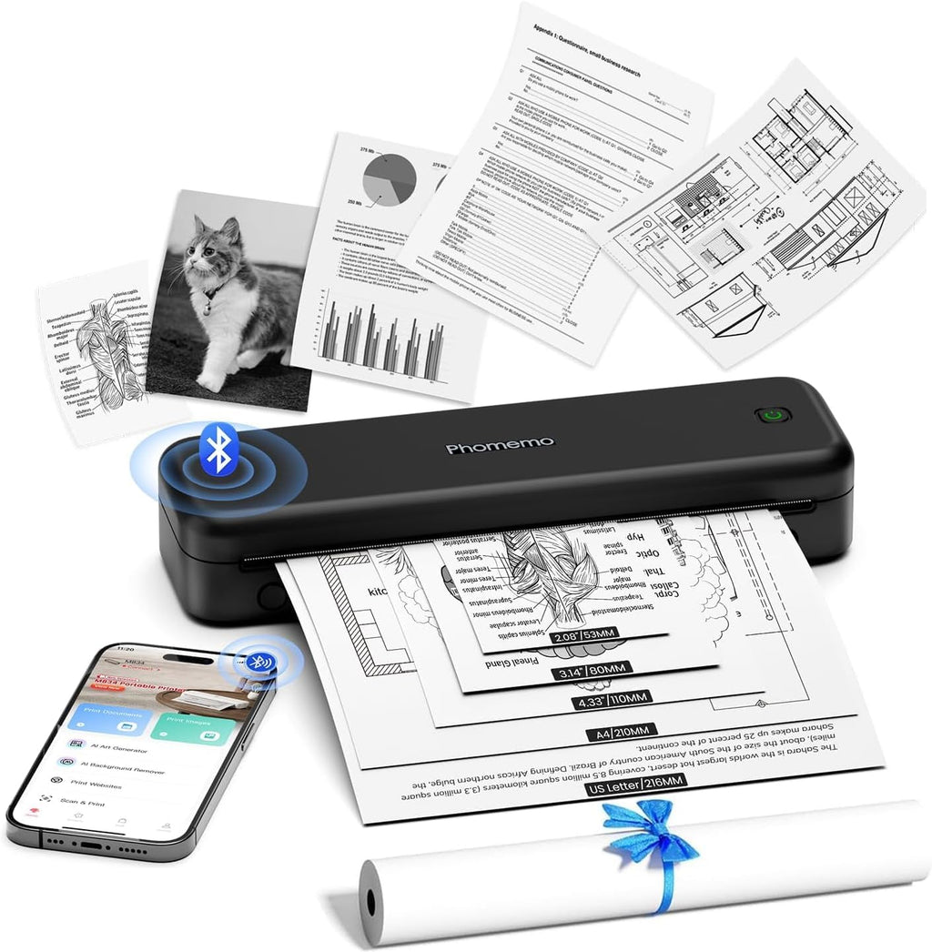 Phomemo M834 Portable Printer Wireless for Travel Upgraded, Bluetooth Thermal Printer 8.5" x 11"&A4, Compatible with iOS,Android & PC,Inkless Mobile Printers for Travel,Office,School,Home,Black