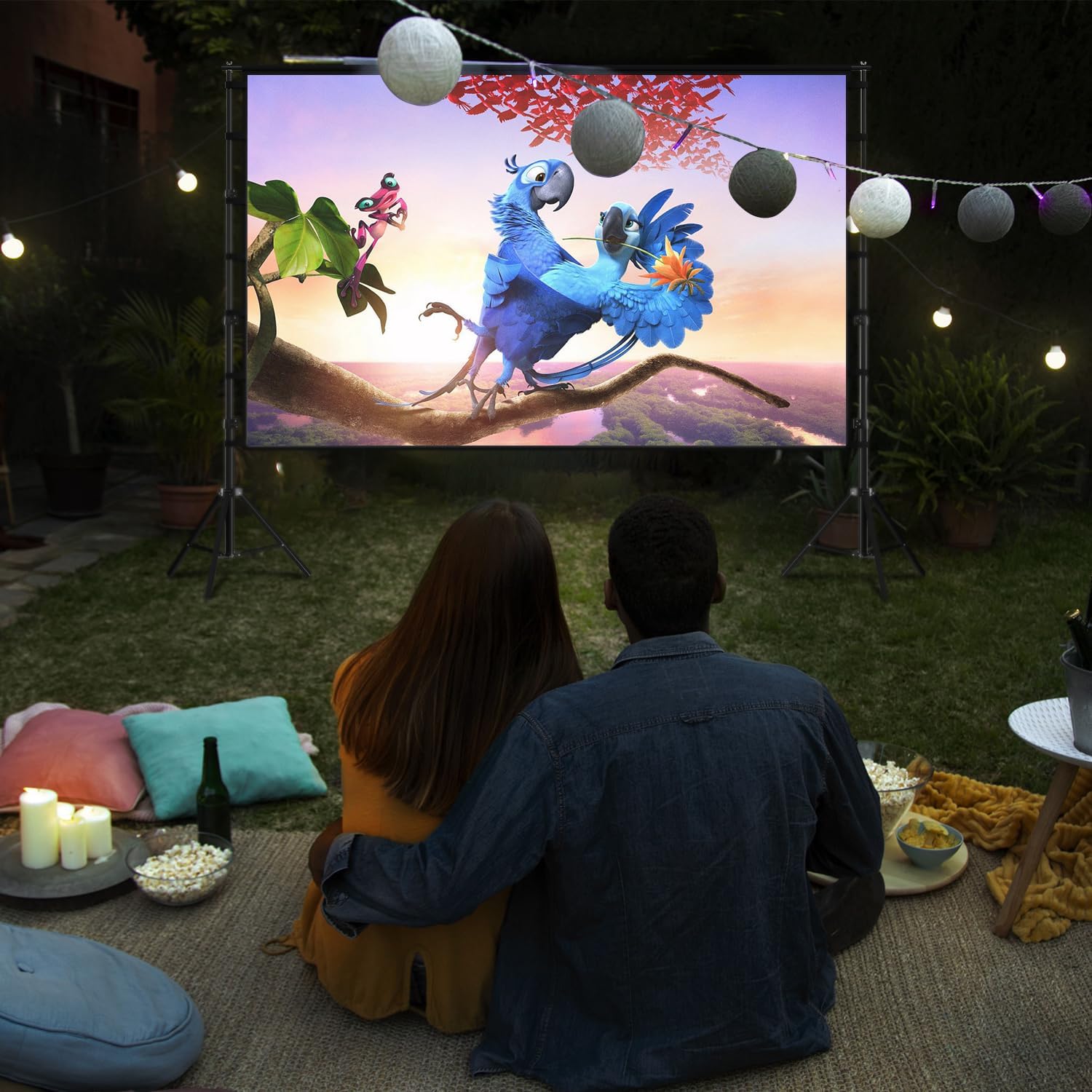 Projector Screen with Stand, Wootfairy 150 inch Portable and Foldable Projection Screen 4K HD 16:9 Rear Front Wrinkle-Free Movie Screen with Carry Bag for Indoor Outdoor Home Theater Backyard Cinema