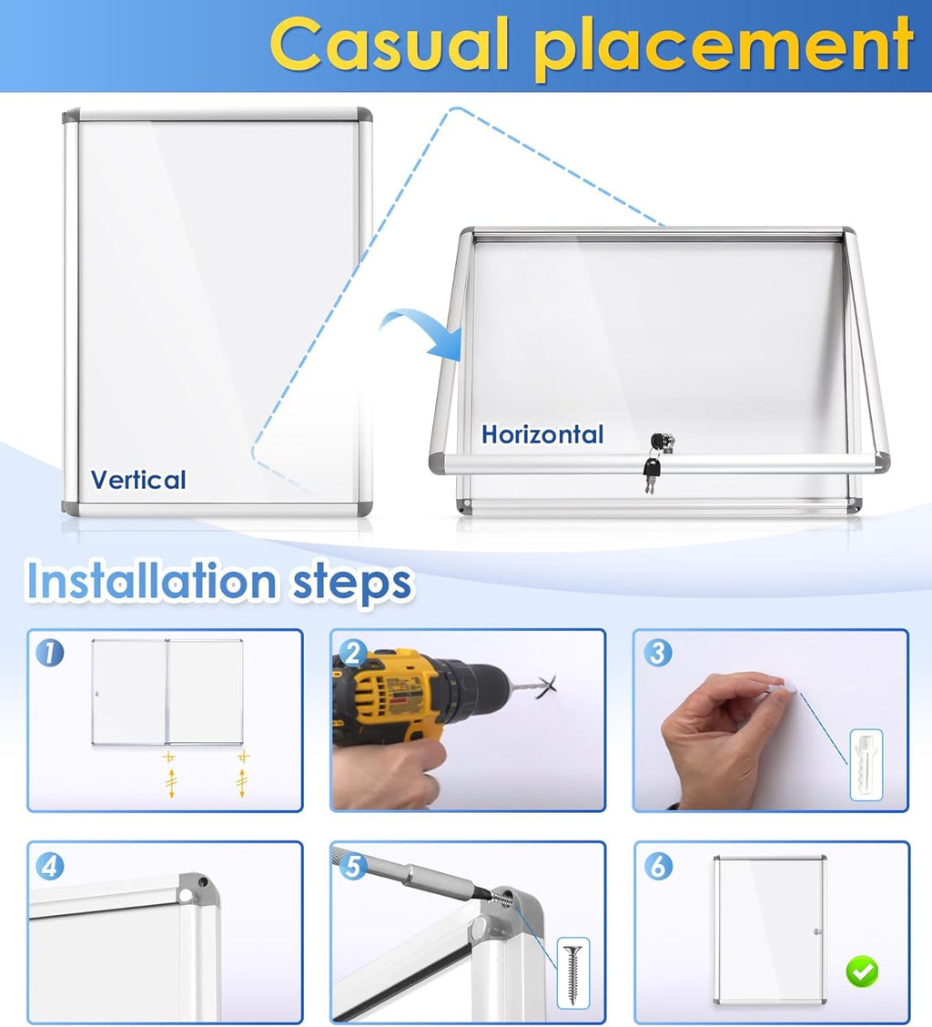 SWANCROWN Enclosed Bulletin Board Magnetic Dry Erase Noticeboard Lockable Display Boards White with Aluminium Frame 26x20inch(4xA4)