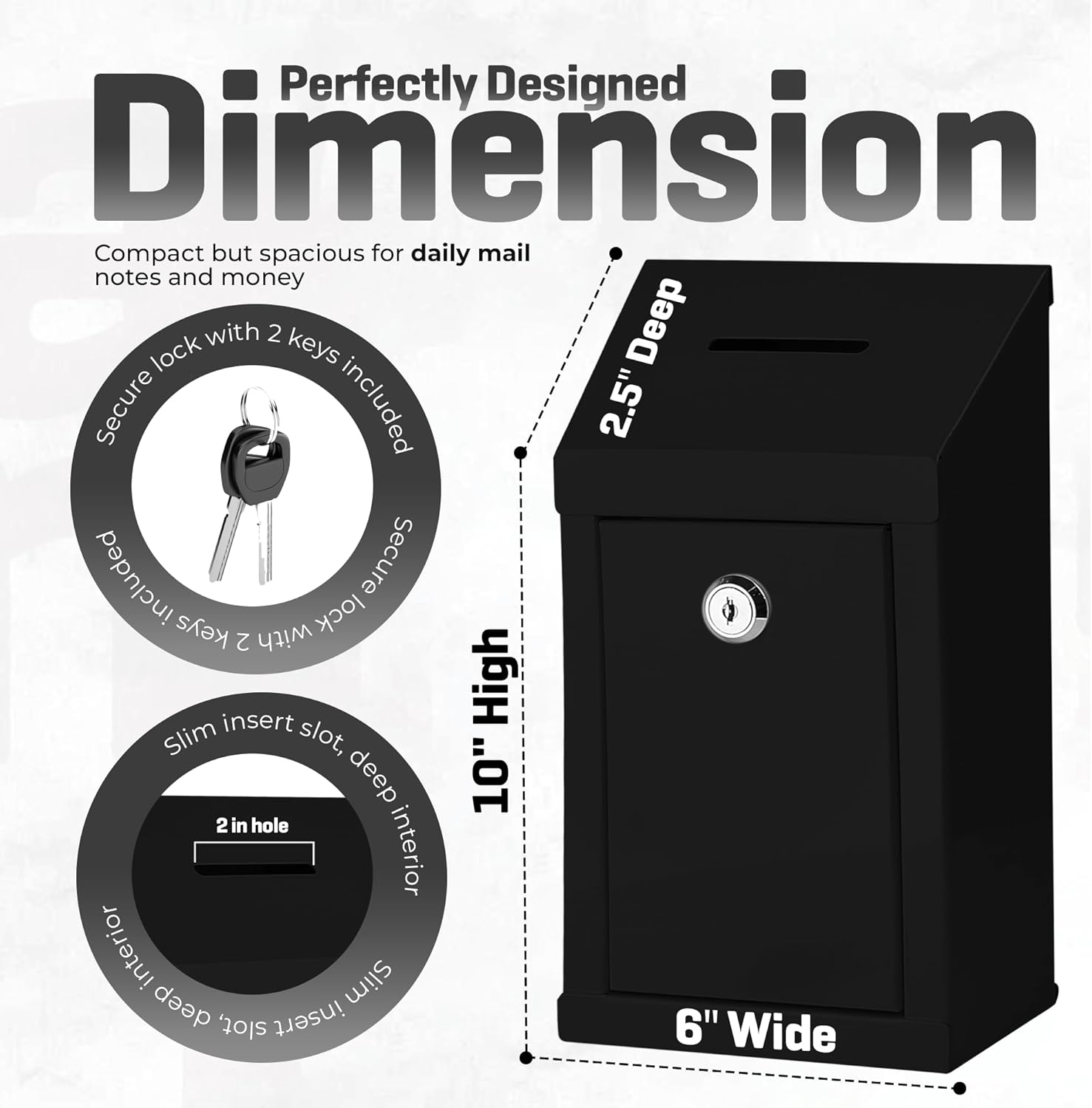 Metal Donation Box-Suggestion Box with Slot and lock-Cash Lock box for Money-Secure Drop Box-Comment and ballot voting box-comes with pre-drilled holes for easy wall mounting 10 X 6 X 2.5"(Black)