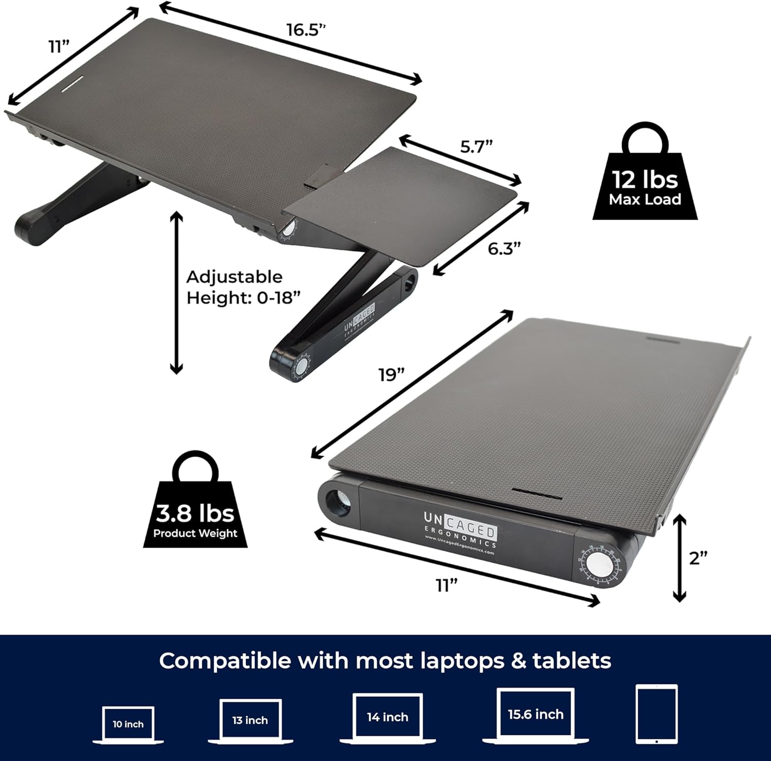 WorkEZ Adjustable Laptop Stand for Desk, Portable Laptop Stand Adjustable Height, Foldable Cooling Computer Holder Riser for Desk, Black