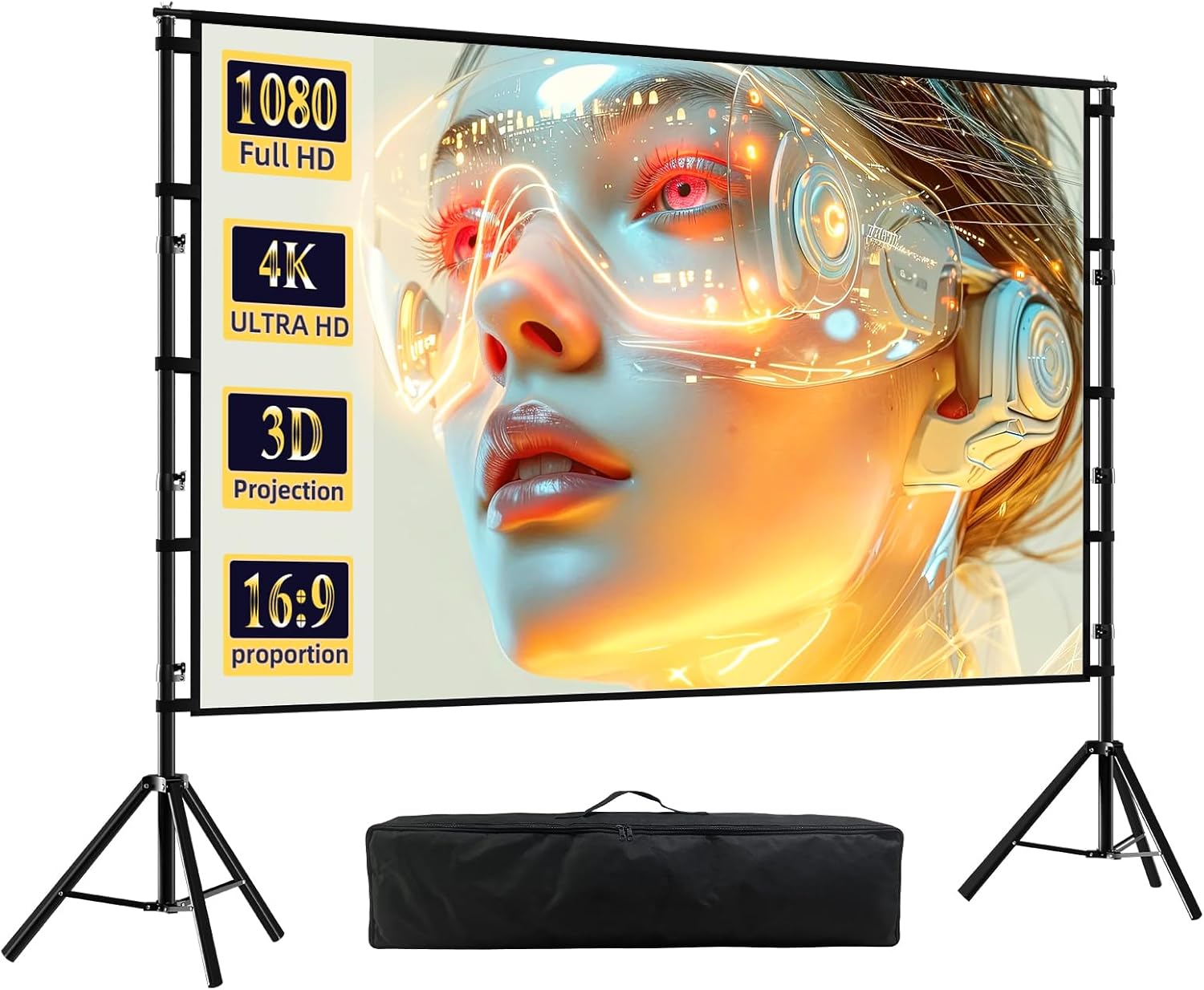 Outdoor Projector Screen with Stand,120 inch Portable Heavy Duty Bracket Large Projector Screen 16:9 4K HD Rear Front Projection Movie Screen with Carry Bag for Home Theater