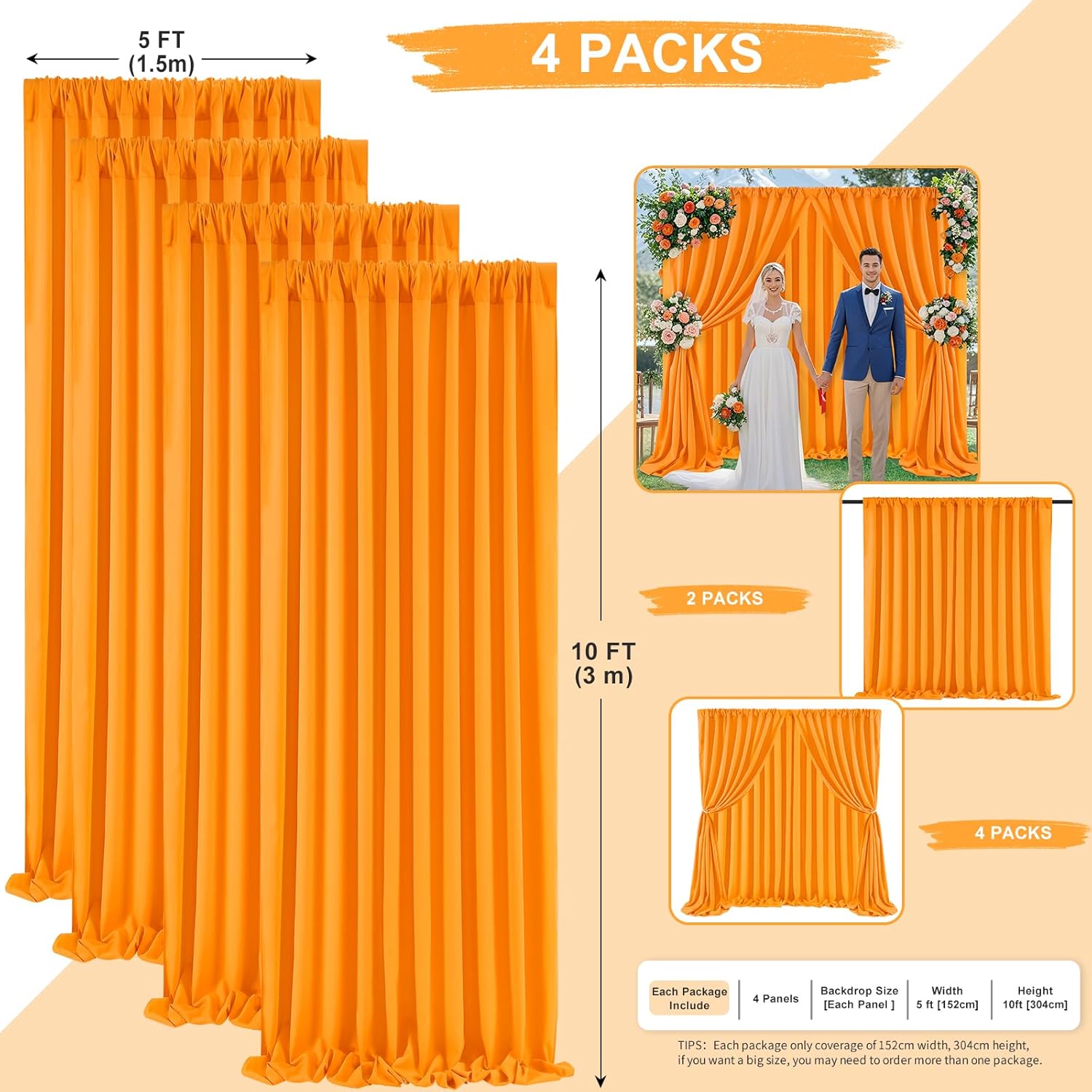 Orange Backdrop Curtains 4 Panels 5ft x 10ft Polyester Wrinkle Free Fabric Photo Drapes for Backdrop Parties Home Halloween Decorations