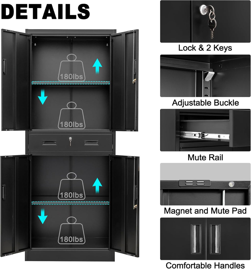 CMY Metal Storage Cabinet, 71" H x 28" W x 16" D Locking Storage Cabinet with Adjustable Shelves and One Drawer, Steel Cabinets for Office, Garage, Home, School, Utility Room(Black)