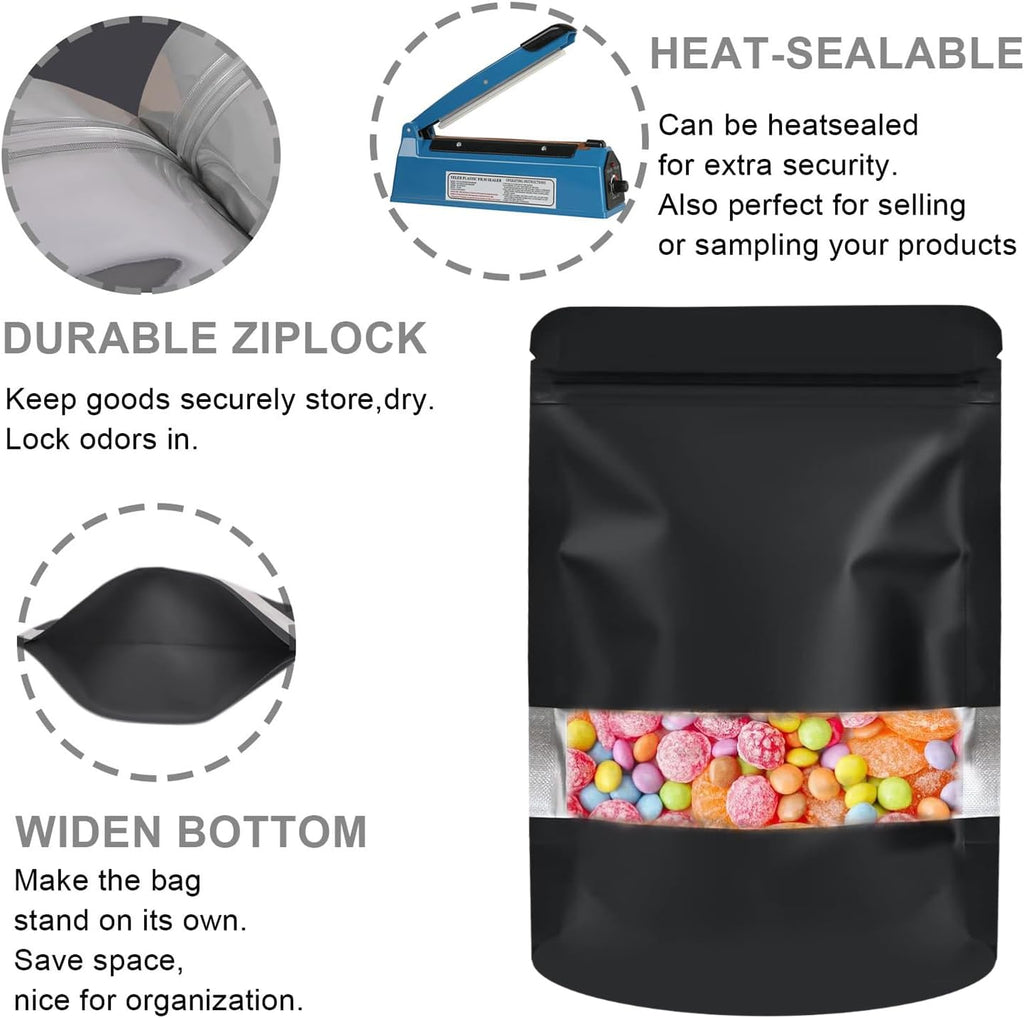 100 Pack Smell Proof Bags, Resealable Food Storage Bags with Clear Window, Stand Up Smell Proof Mylar Bags Self Seal Foil Pouches for Food Storage Packaging (Black, 6.3 x 9.5 Inch)
