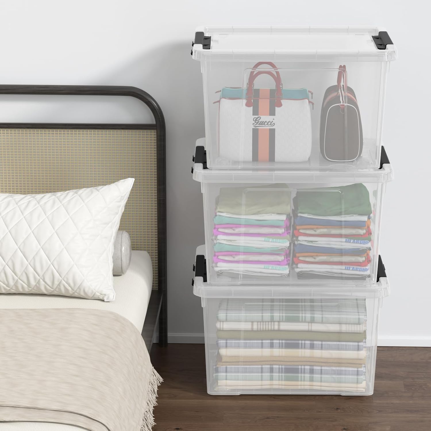 4-Pack 34 Quart Clear Plastic Storage Boxes with Lids, Latching Bins Totes with Wheels