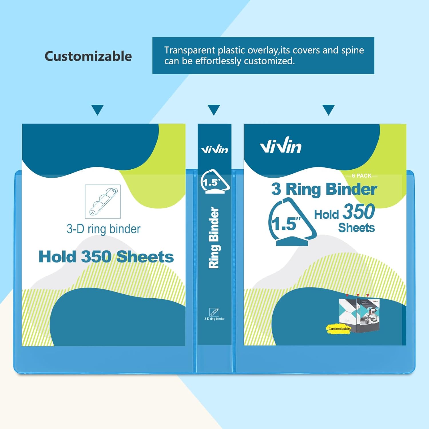 ViVin Sturdy 1.5 Inch 3 Ring Binder with Pockets, Slant-D Ring, PVC-Free, Customizable Clear View Binder,Holds 350 Sheets of 8.5" x 11" Paper, 6 Pack (Light Blue)