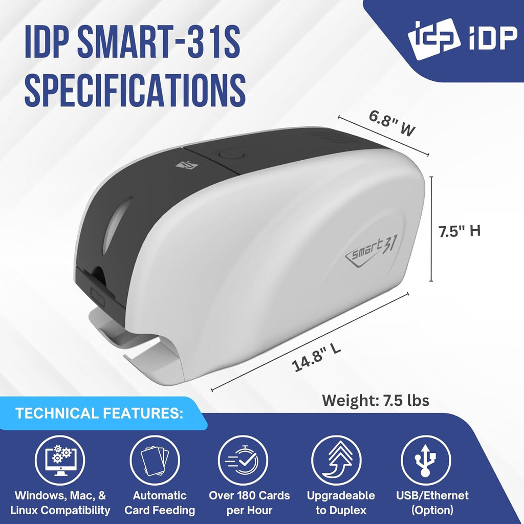 IDP SMART-31 Series ID Card Simplex Printer Kit with Windows ID Software, Manual and Guides - Includes 250-Print YMCKO Color Ribbon and 100 PVC Plastic Cards - Now with SMARTMark Security