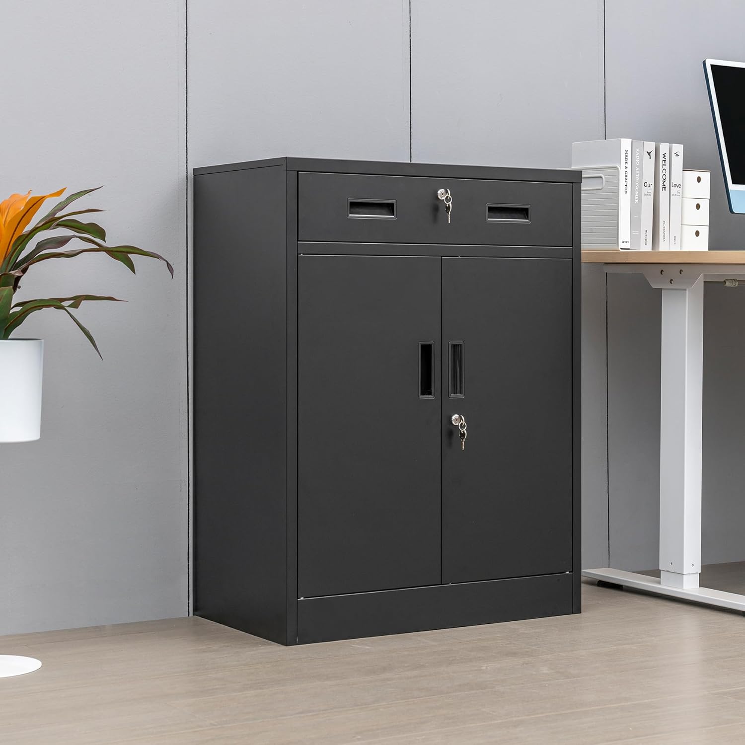 CMY Metal Storage Cabinet, Locking Storage Cabinet with One Drawer and Adjustable Shelf, 36.2" H x 28" W x 16" D Metal Cabinet for Office, Garage, Home-Black