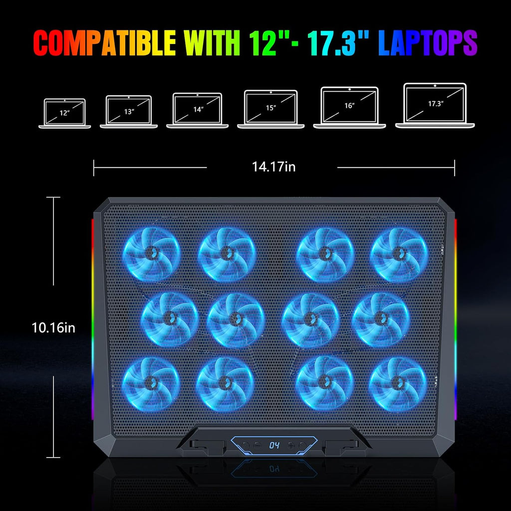Laptop Cooling Pad with 12 Quiet Fans, Slim Portable for 12-17.3 Inch Laptop Cooler Stand, RGB Lighting, with 5 Height Adjustable, Gaming Cooling Fan Pad, with Two USB Ports Holder (LCD)