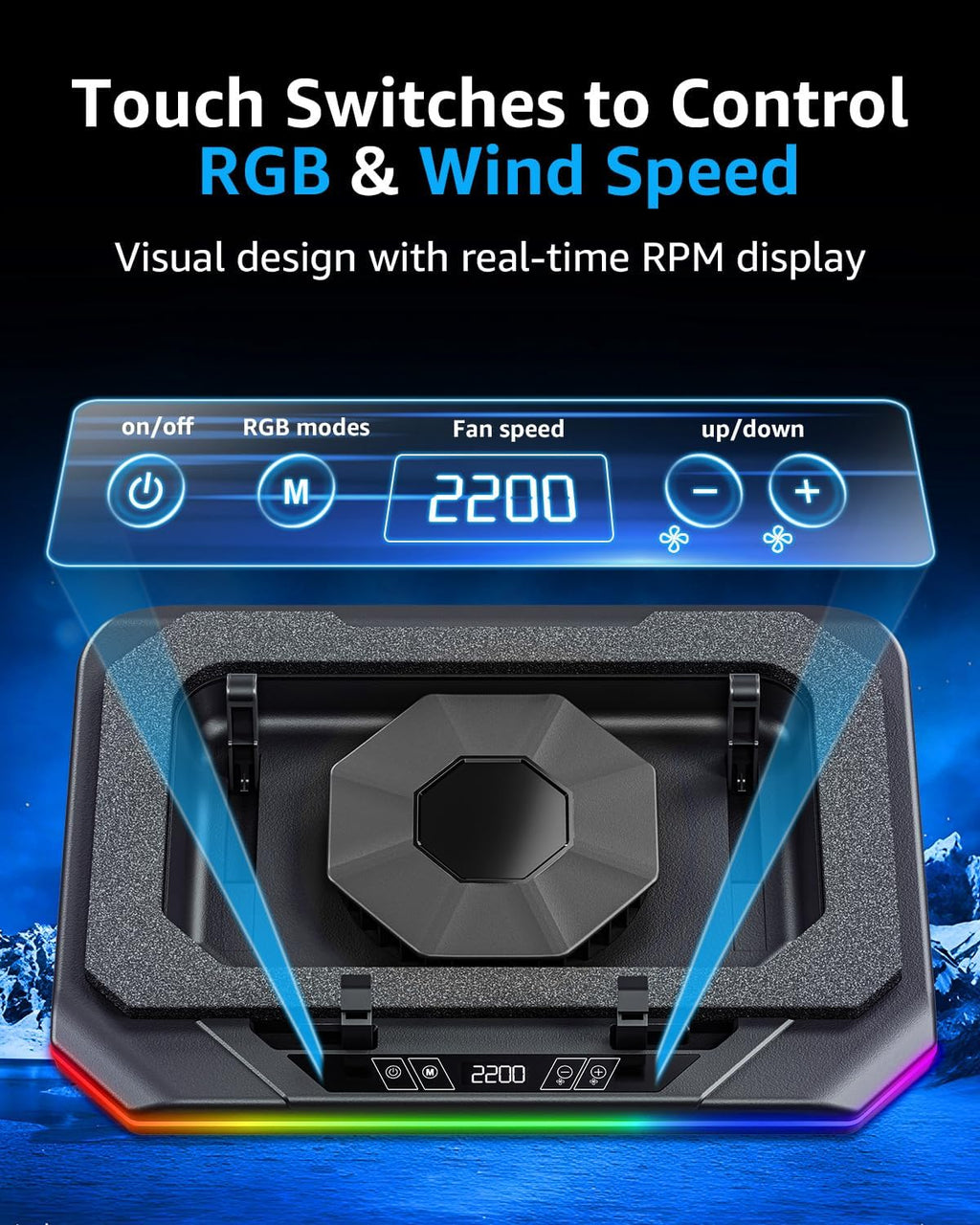 MOUNTUP RGB Laptop Cooling Pad for 13-19 Inch, Max 3500RPM Gaming Laptop Cooler, Cooling Pad Stand with Touch Switch to Control Speed, Laptop Fan Cooling Pad with Powerful 4.72 Inch Turbo Fan