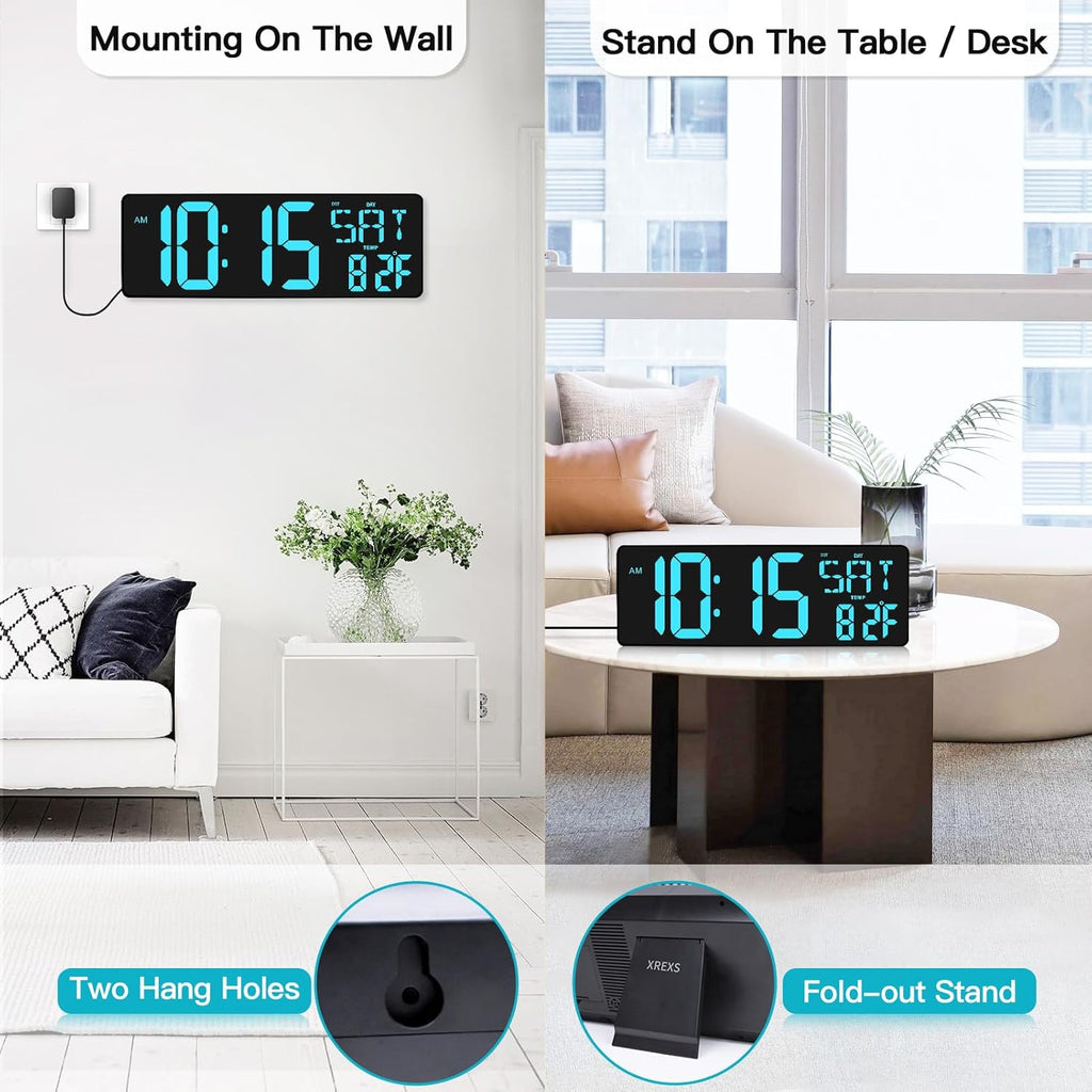 XREXS Large Digital Wall Clock with Remote Control, 17.2 Inch LED Large Display Count Up & Down Timer, Adjustable Brightness Alarm Clock with Day/Date/Temperature for Home, Gym, Office and Classroom