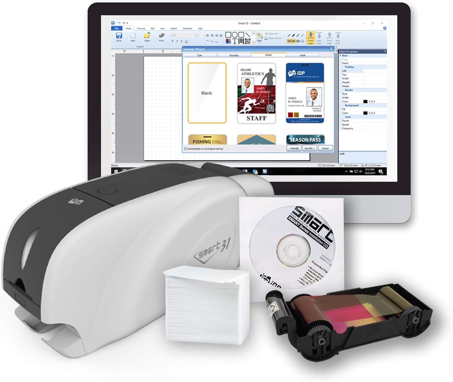 IDP SMART-31 Series ID Card Duplex Printer Kit with Software, Manual and Guides - Includes 250-Print YMCKO Color Ribbon and 100 PVC Plastic Cards - Now with SMARTMark Security