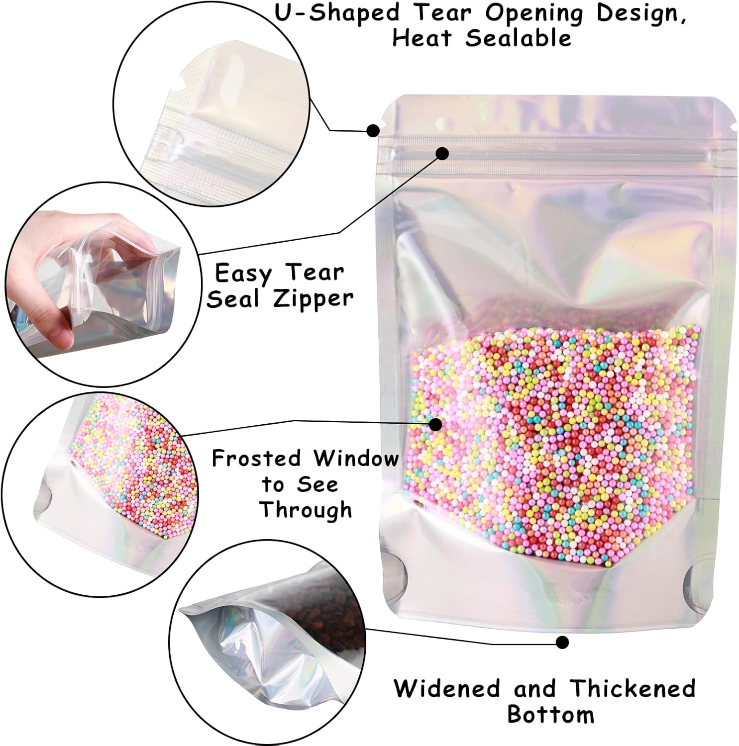 150 Pcs Mylar Bags for Food Storage, 5x8 Mylar Bag with Window Stand Up, Small Holographic Resealable Bags Smell Proof Bag Food Packaging for Small Business Freeze Dried Candy Jewelry Foil Packaging
