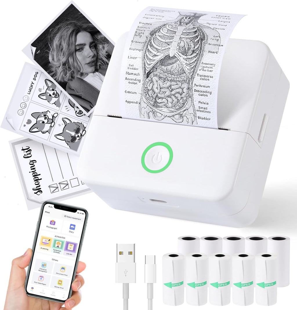 Print Pods Mini Printer, Thermal Inkless Sticker Maker with 10 Rolls Printing Paper, Pocket Printpod for phone, Impresora Portátil for Notes, Flashcards, Journal, DIY, Compatible with iOS & Android
