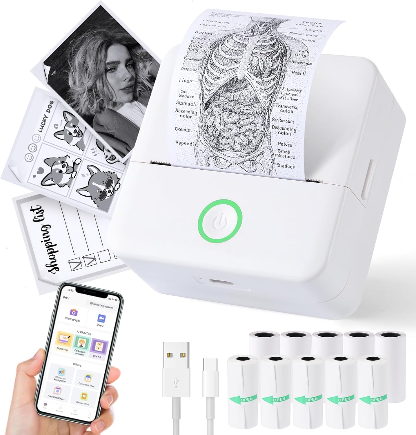Print Pods Mini Printer, Thermal Inkless Sticker Maker with 10 Rolls Printing Paper, Pocket Printpod for phone, Impresora Portátil for Notes, Flashcards, Journal, DIY, Compatible with iOS & Android